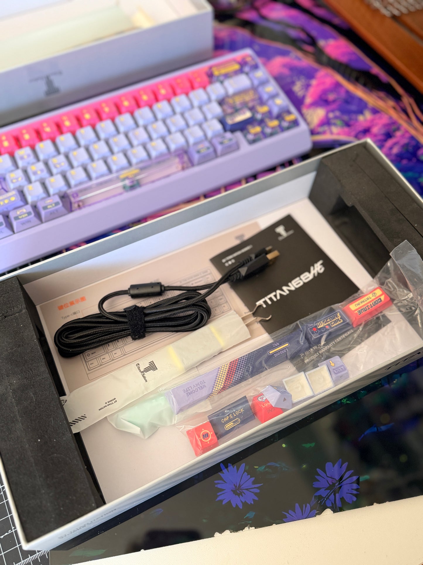 Unboxing Clearance TITAN68HE Purple Pink Magnetic Switch RGB Gaming Keyboard HI SCORE GIRL KEYCAPS