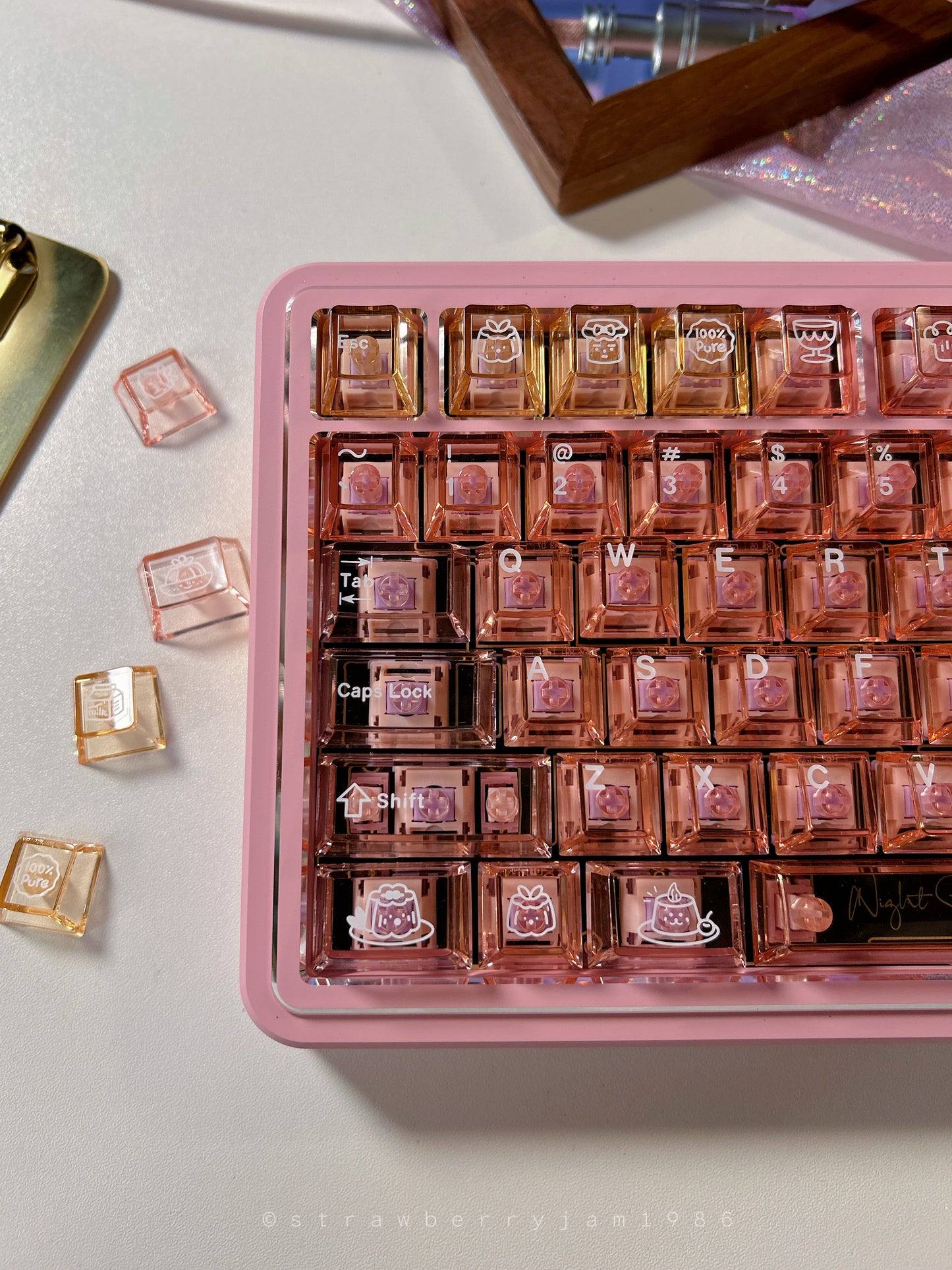 Prebuilt Aluminum Customized Mechanical Keyboard Polaris80 Pink Silver-Highlight With Orange Peach Transparent Keycap Set