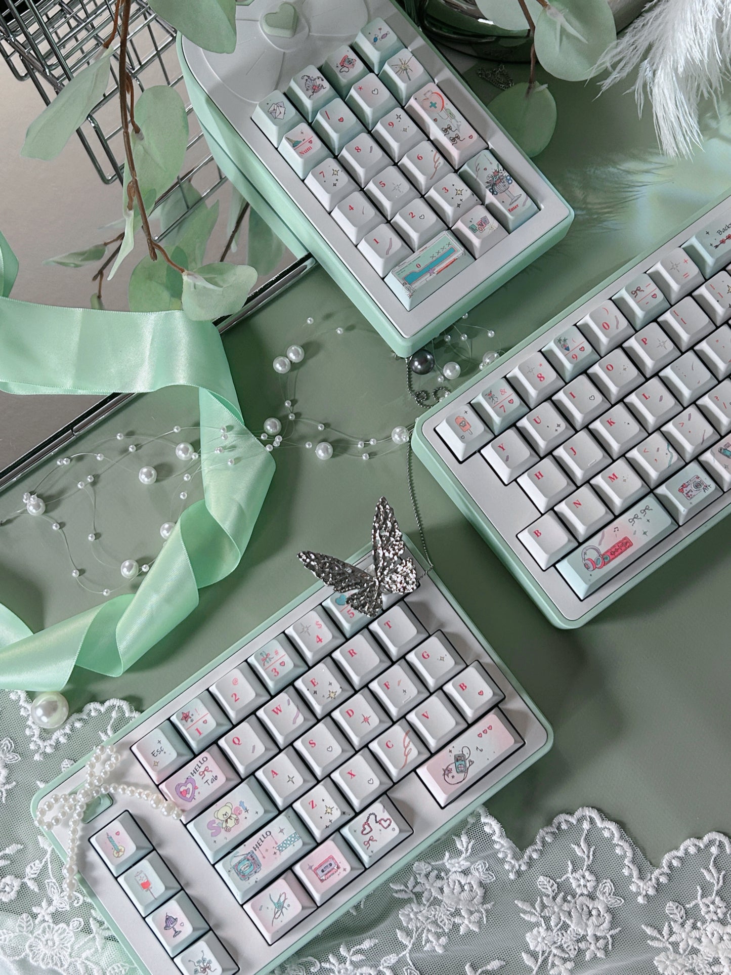 PREORDER Prebuilt Aluminum Customized Mechanical Keyboard Blockboy Split65 Mint Set With Bow Pad
