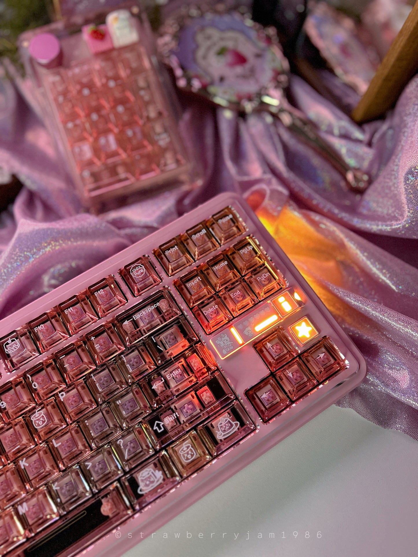 Prebuilt Aluminum Customized Mechanical Keyboard Polaris80 Pink Silver-Highlight With Orange Peach Transparent Keycap Set