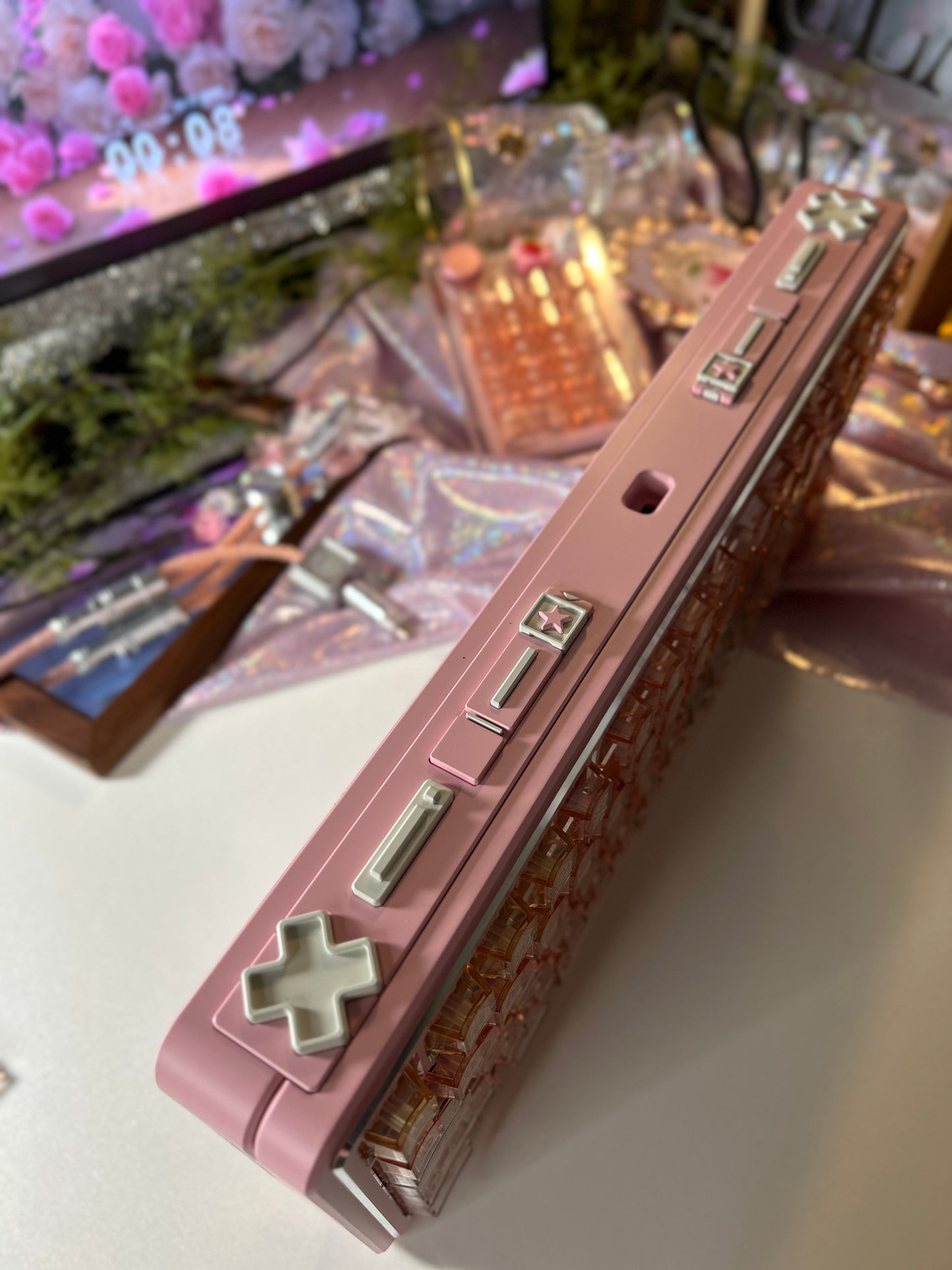 Prebuilt Aluminum Customized Mechanical Keyboard Polaris80 Pink Silver-Highlight With Orange Peach Transparent Keycap Set