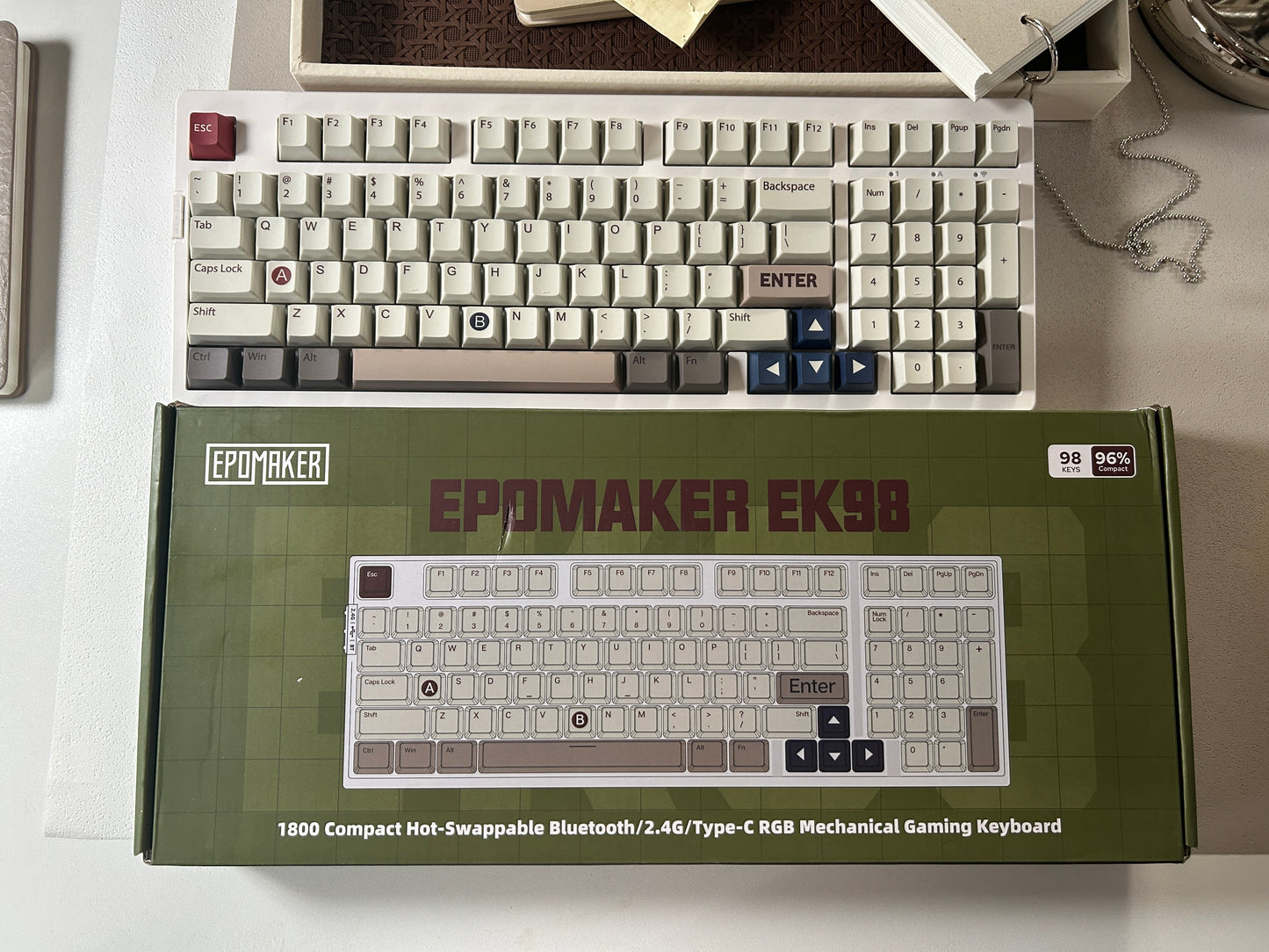 Unboxing Sample For Sales ONLY 1 Instock EPOMAKER EK98 Wireless Mechanical Keyboard, Tri-Mode Bluetooth/2.4Ghz/USB-C Wired, Hot Swappable Creamy Switch, RGB Backlit Custom (White, Mulan Switch)