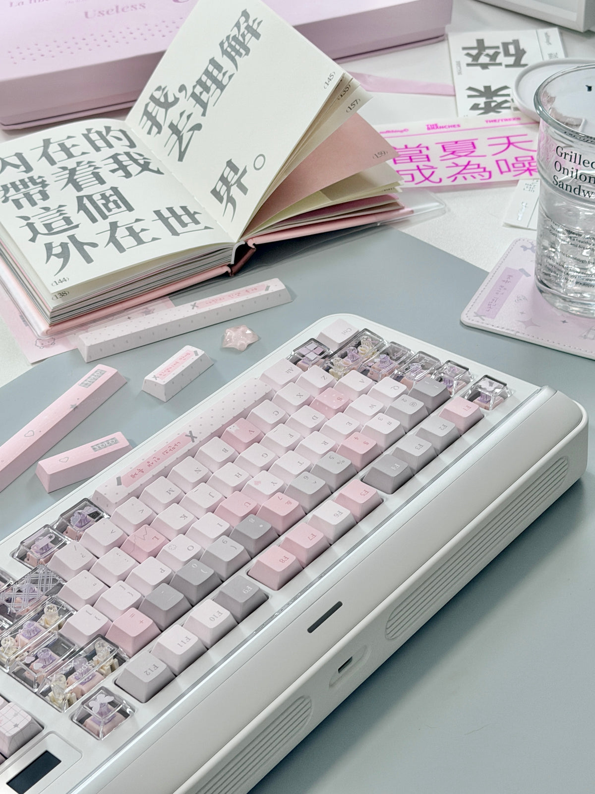 #0310 YOLO Pale Pink Light Gray Aesthetic Keycaps Set | Cute Mechanical Keyboard Keycaps
