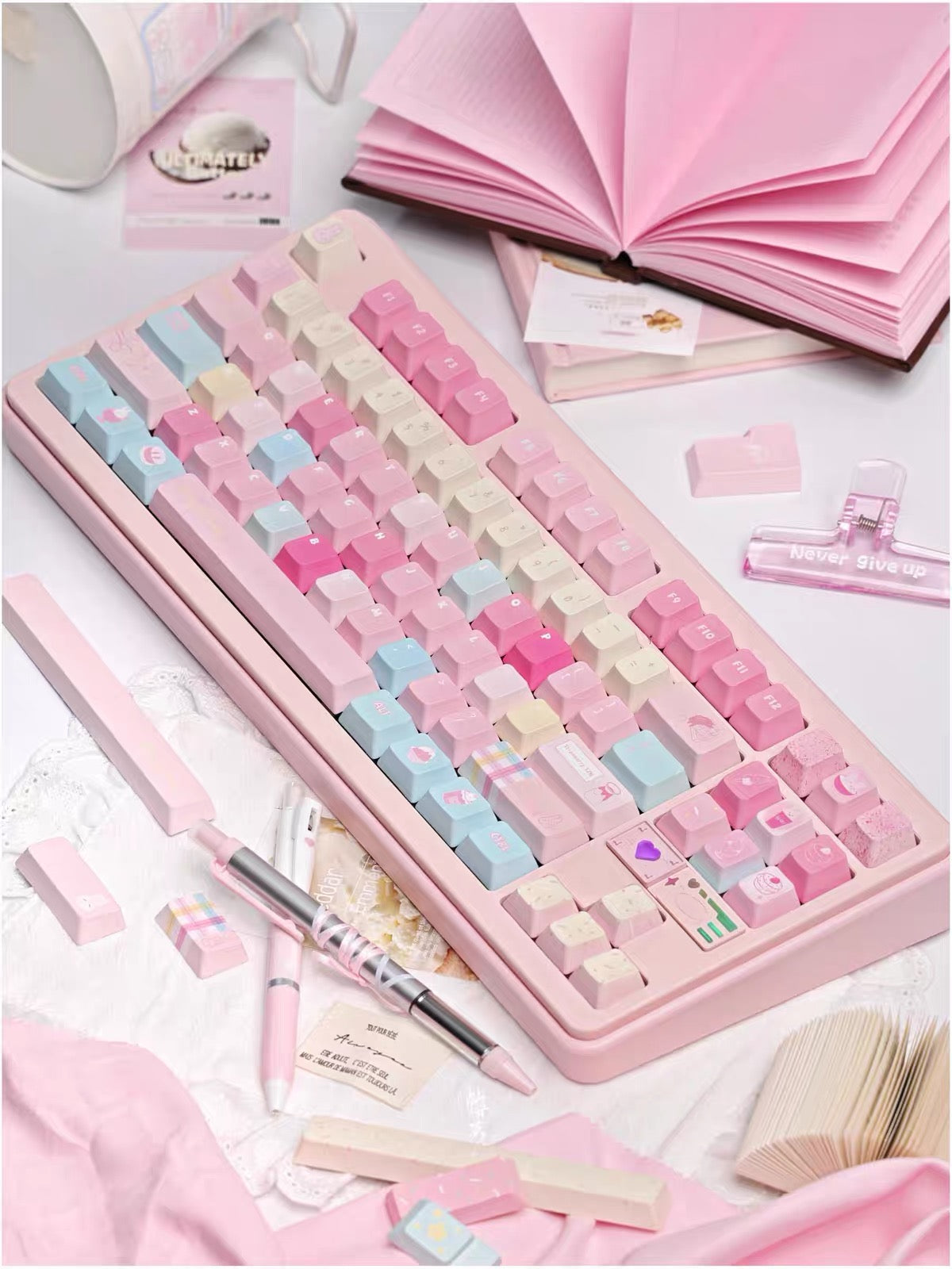 0300 Y2K Sugar Mountain Keycap Set | Pastel Pink, Blue & Cream Retro Keycaps Cherry Profile
