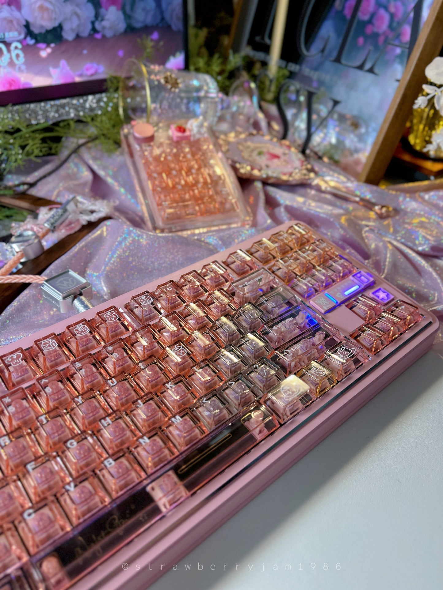 Prebuilt Aluminum Customized Mechanical Keyboard Polaris80 Pink Silver-Highlight With Orange Peach Transparent Keycap Set