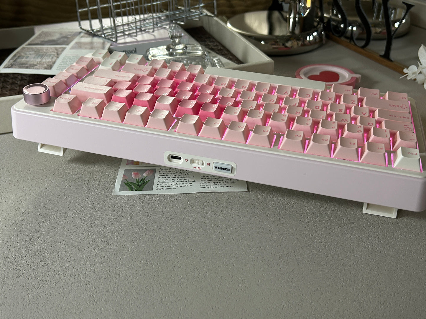 Unboxing Sample For Sales ONLY 1 Instock Pink Heart YUNZII B75 PRO Wireless Mechanical Keyboard,75% Layout with Knob,Hot Swap Gasket Custom Structure,Creamy Pre-lubed Switches,RGB Backlit,Bluetooth/Type-C/2.4G for Win/Mac(Milk Switch,Pink)