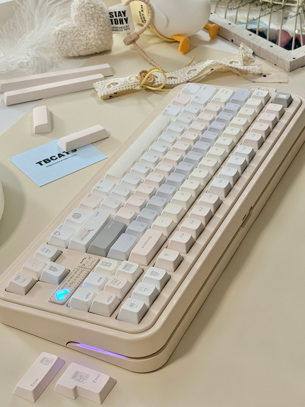 #0315 Tbcats Pastel Cream & Misty Blue Cute Keycap Set | Soft Aesthetic Mechanical Keyboard Keycaps | Kawaii Minimalist Custom Keycaps
