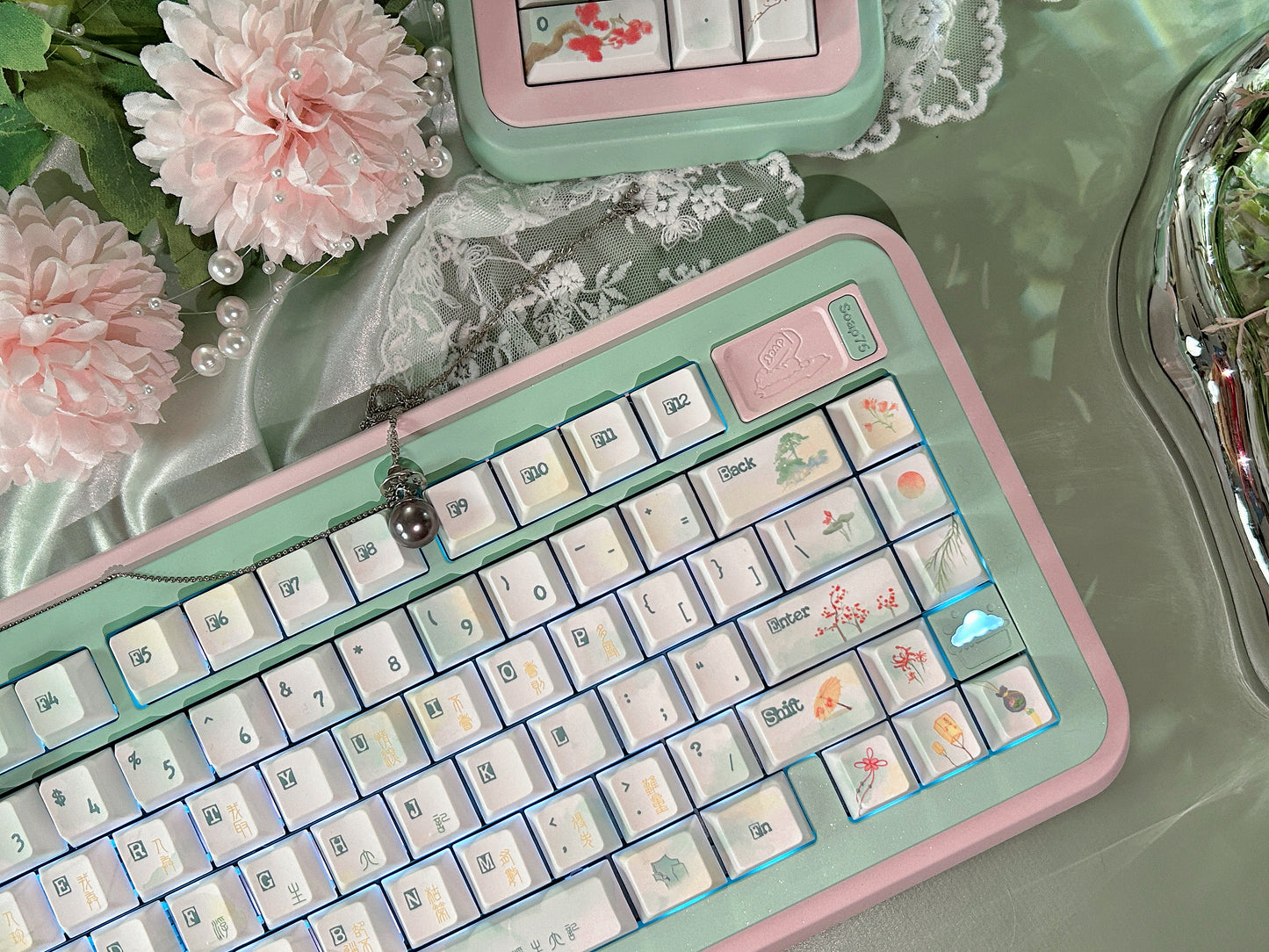 ONLY 1 Instock Prebuilt Aluminum Customized Mechanical Keyboard Pink Green Soap75 ➕ Pad