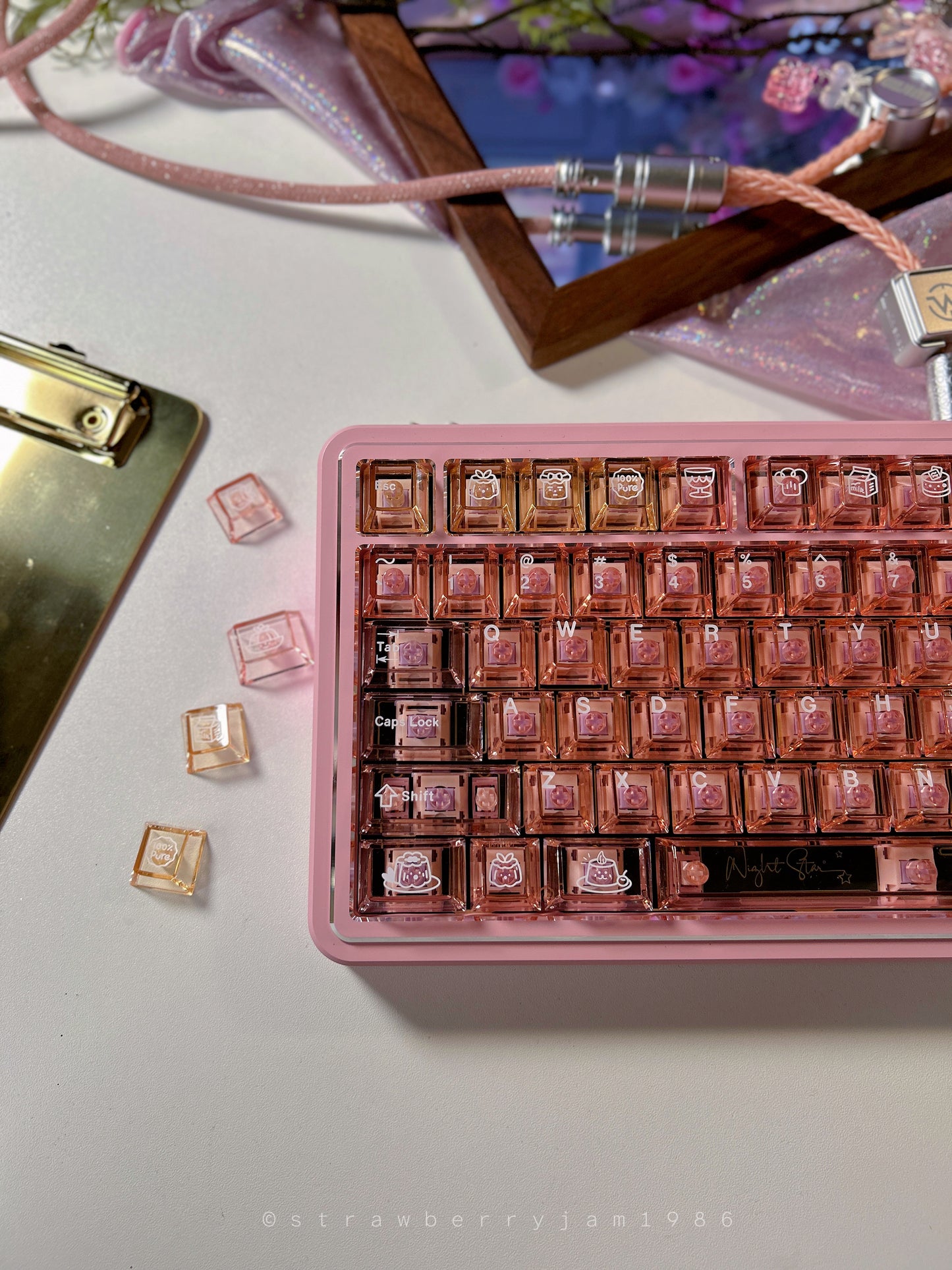 Prebuilt Aluminum Customized Mechanical Keyboard Polaris80 Pink Silver-Highlight With Orange Peach Transparent Keycap Set