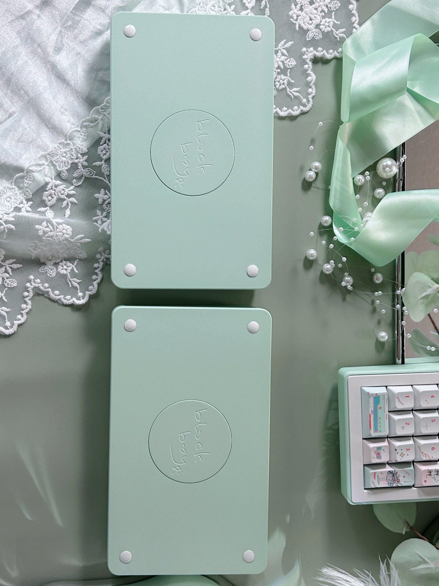 PREORDER Prebuilt Aluminum Customized Mechanical Keyboard Blockboy Split65 Mint Set With Bow Pad