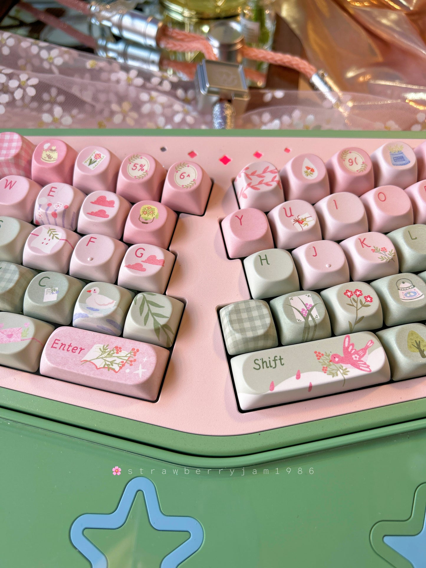 ONLY 1 INSTOCK Prebuilt Aluminum Customized Mechanical Keyboard StarAlice Pink Green Ergonomic Set With Wristrest (not including number pad)