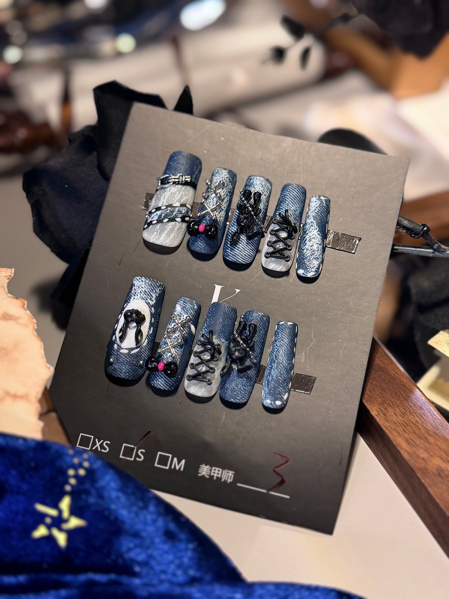 Punk Bunny 3D Lace Strap Denim Jeans Pattern Press On Nails Long Pipe Handmade Paint