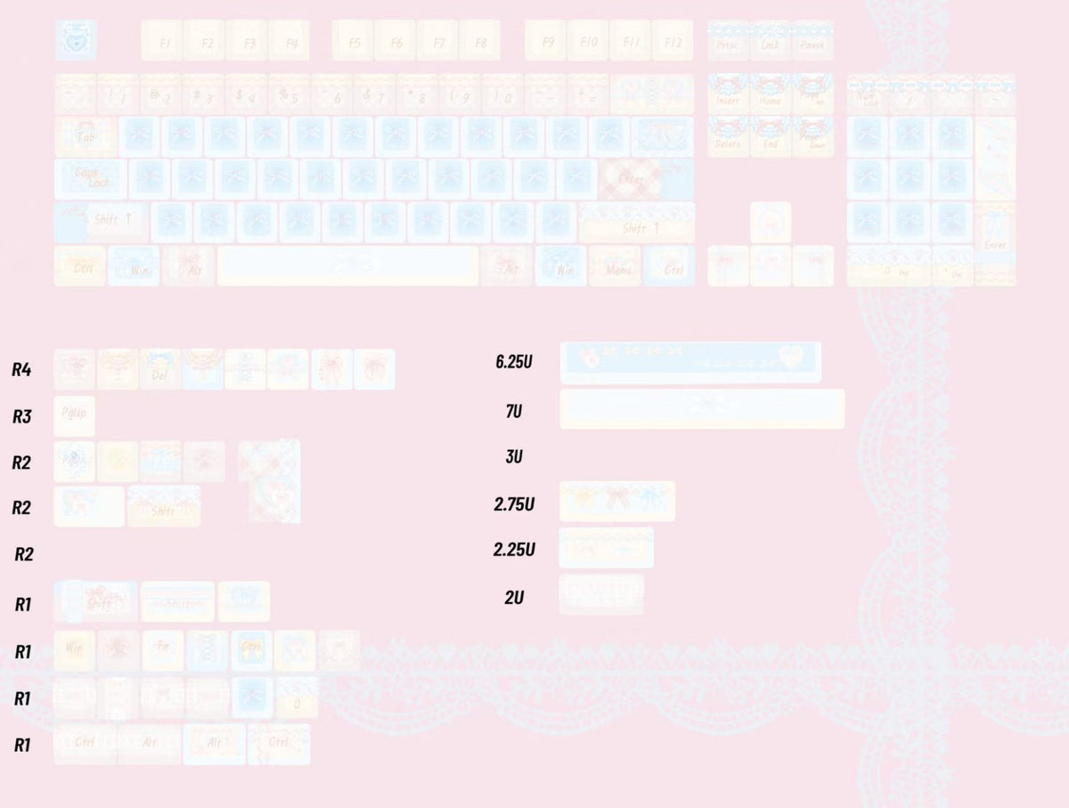 #0303 Aqua Lace Dream Garden Keycaps | Kawaii Pastel Floral & Bow PBT Keycap Set