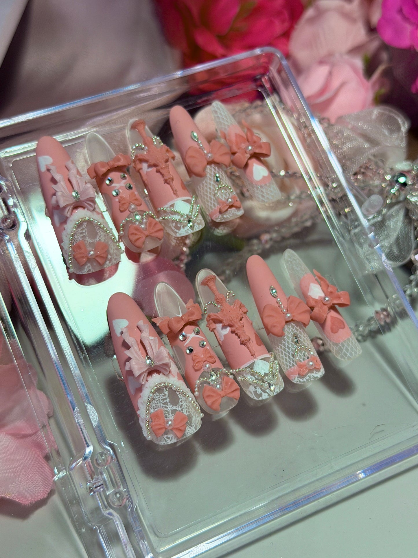 Pink Princess Bow Lace Flower Matte Finish Press On Nails Long Y05 With Pearl Beads Diamond Decor