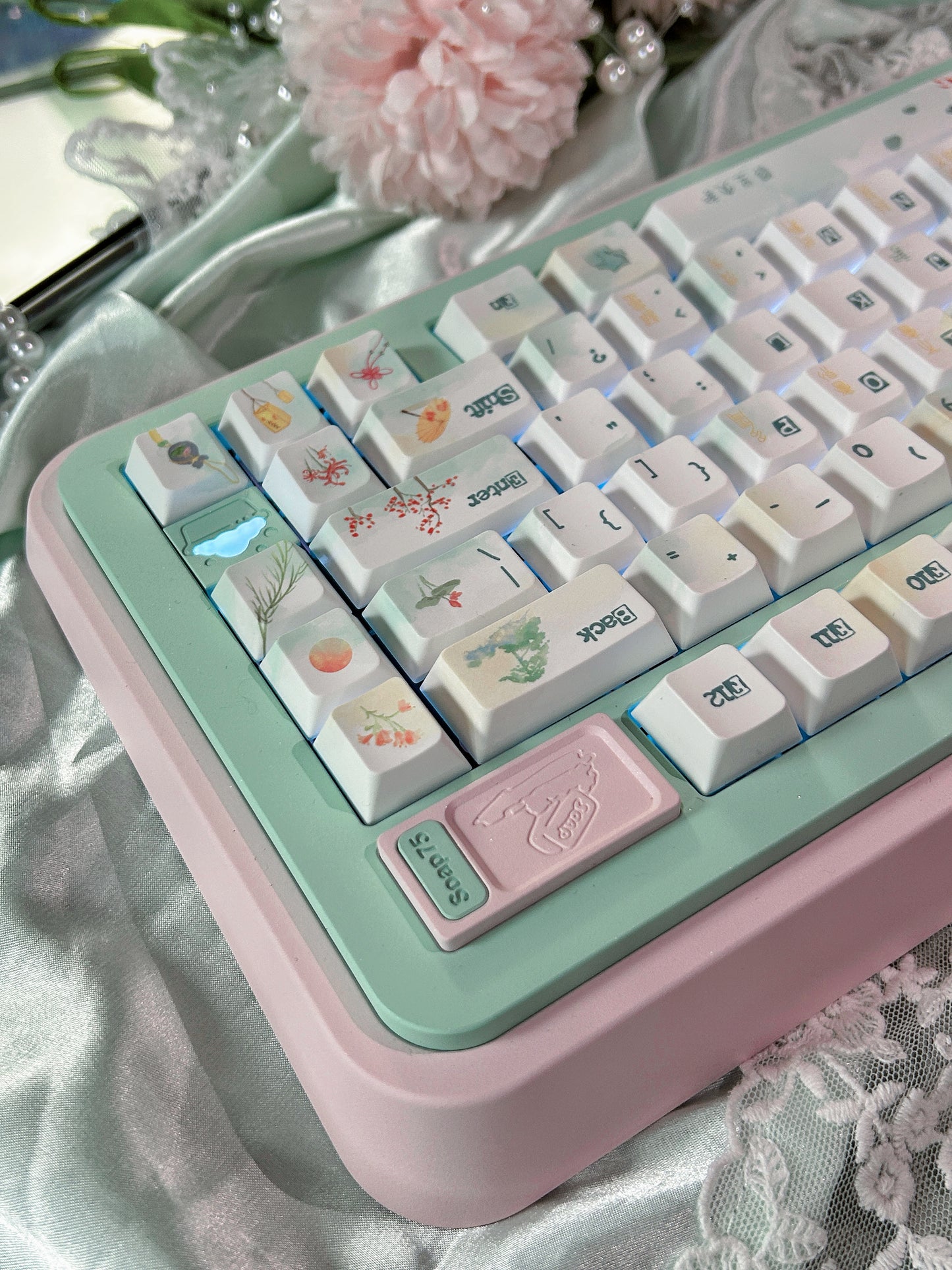 ONLY 1 Instock Prebuilt Aluminum Customized Mechanical Keyboard Pink Green Soap75 ➕ Pad