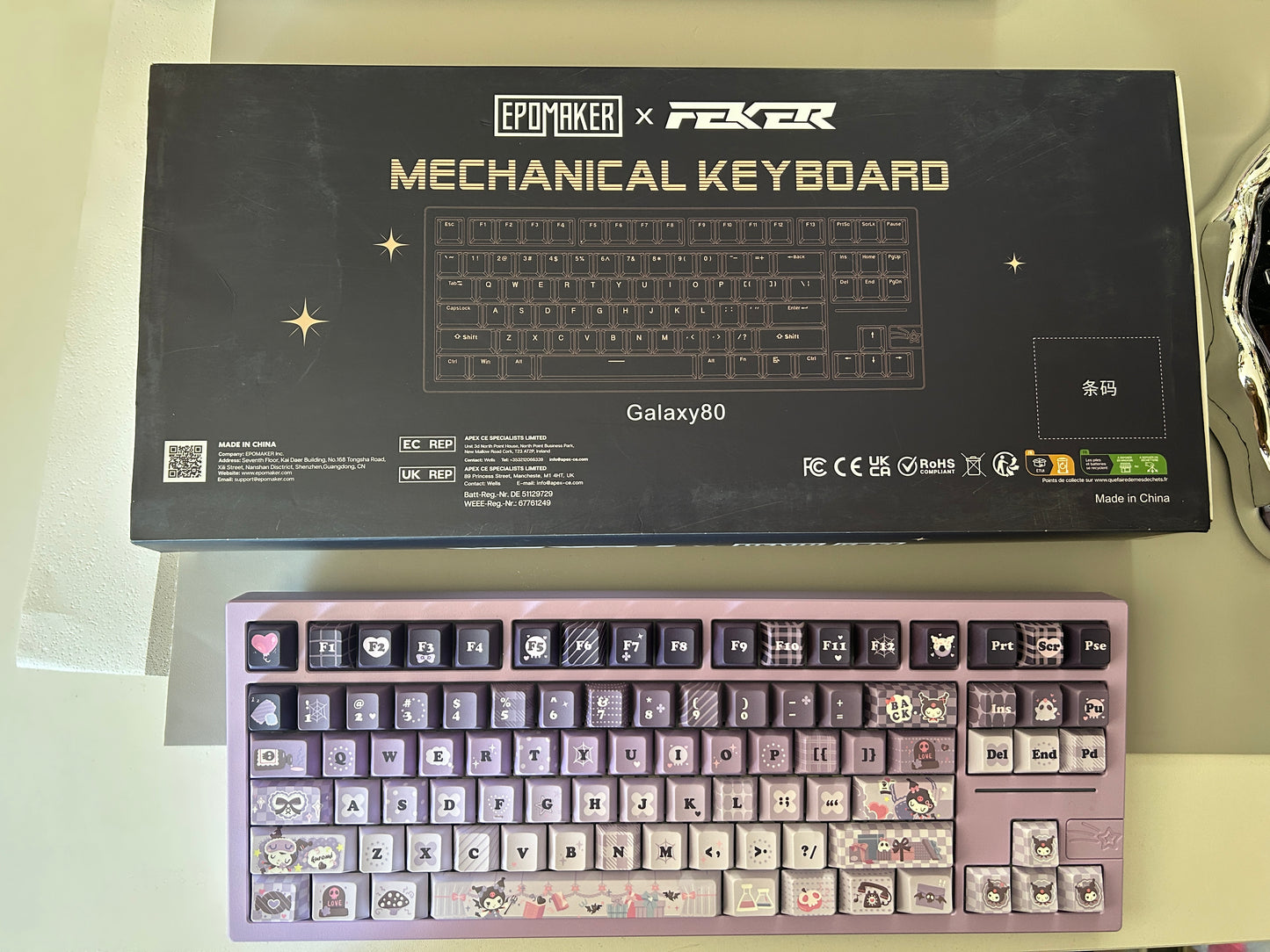 Unboxing Sample For Sales ONLY 1 Instock Feker Galaxy80 Purple Tri-Mode Mechanical Keyboard ➕Kuromi Themed Keycaps(not including Pad or black lace and bow decoration)