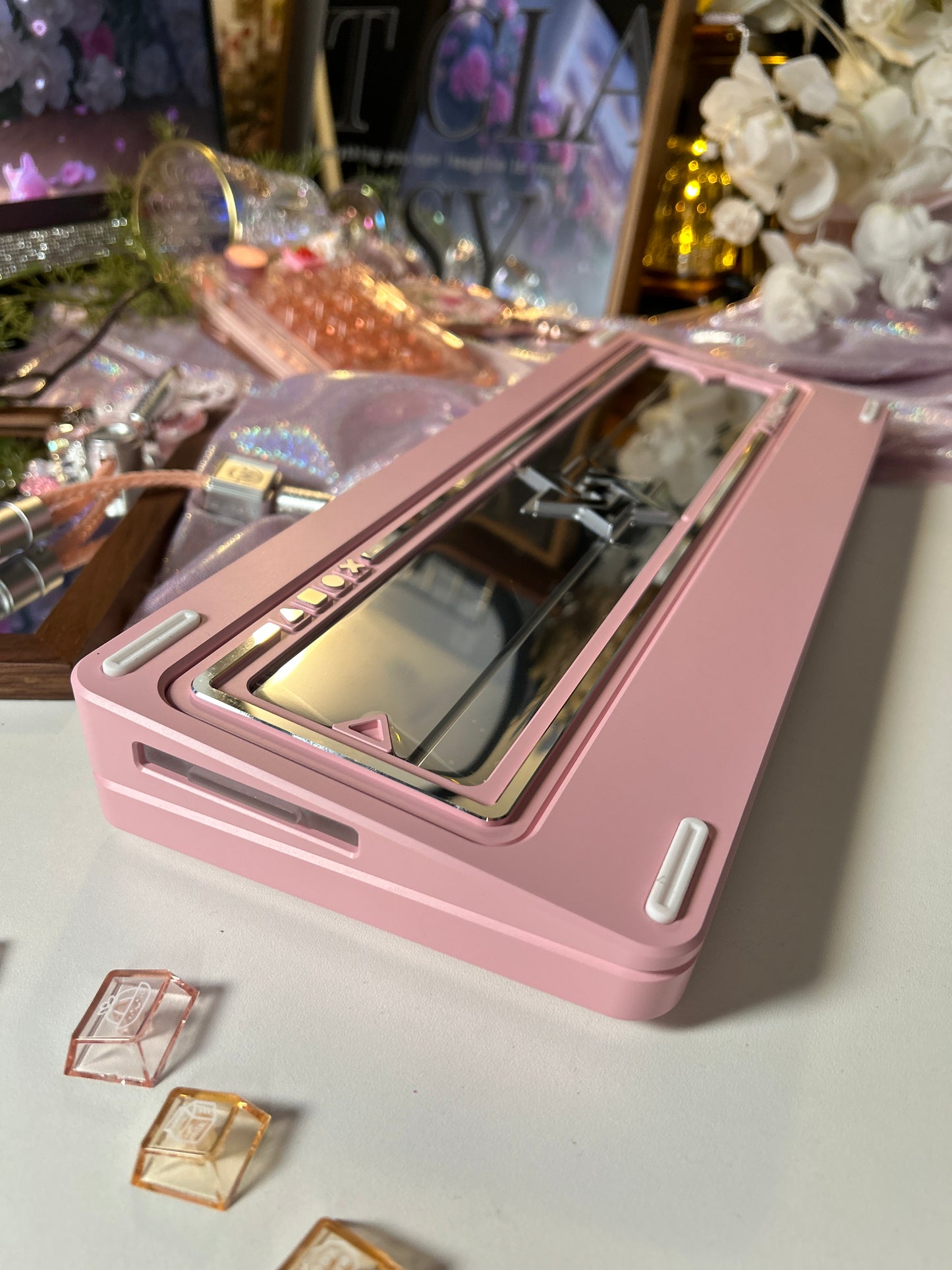 Prebuilt Aluminum Customized Mechanical Keyboard Polaris80 Pink Silver-Highlight With Orange Peach Transparent Keycap Set
