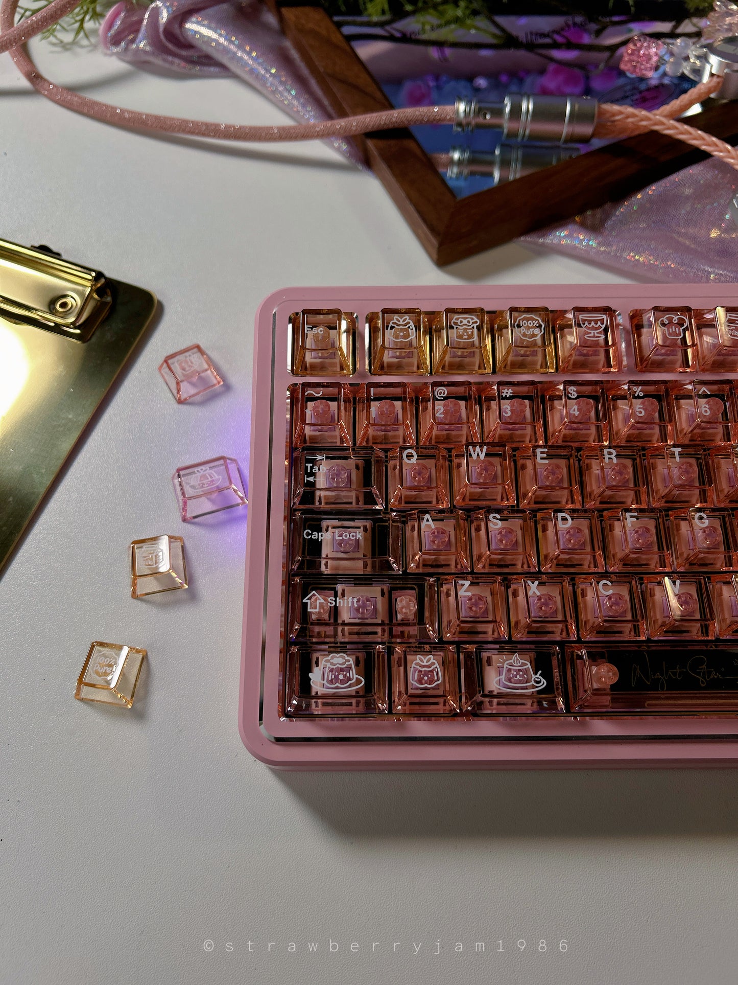 Prebuilt Aluminum Customized Mechanical Keyboard Polaris80 Pink Silver-Highlight With Orange Peach Transparent Keycap Set