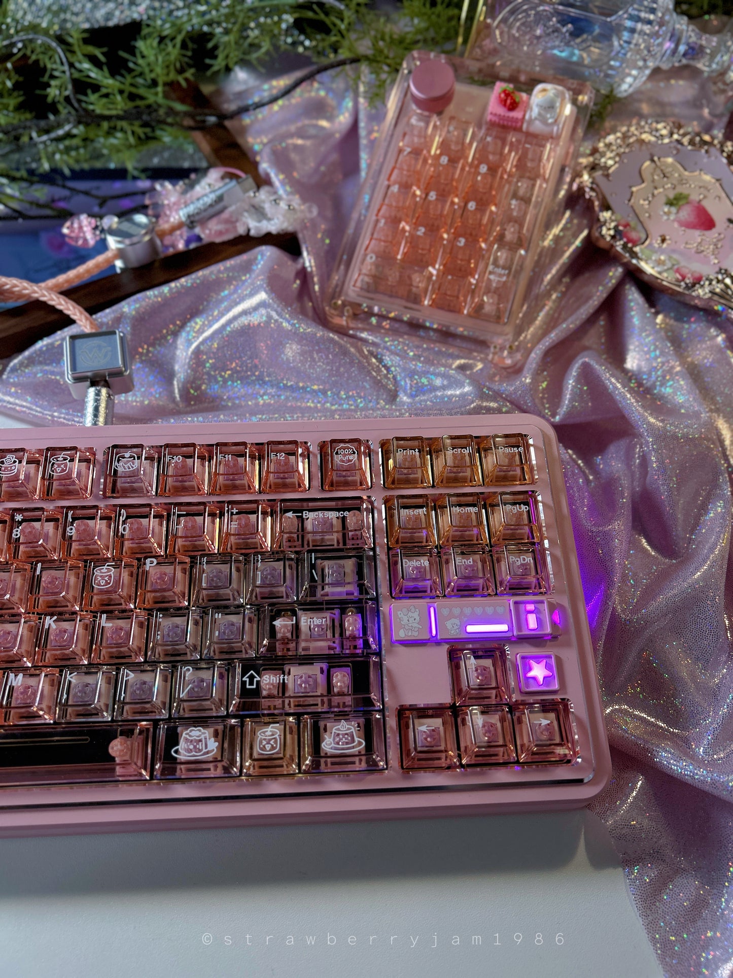 Prebuilt Aluminum Customized Mechanical Keyboard Polaris80 Pink Silver-Highlight With Orange Peach Transparent Keycap Set