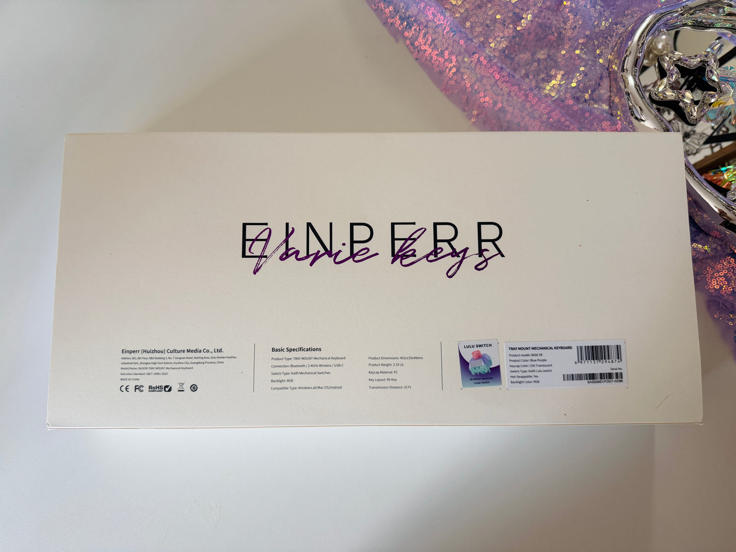 Unboxing Sample For Sales ONLY 1 Instock Prebuilt Einperr Base99 Wireless Mechanical Keyboard with PC Transparent Keycaps, Hot Swappable Custom Keyboard with Number Pad, RGB Backlit, Lulu Switch for Windows Mac - Cosmic Violet