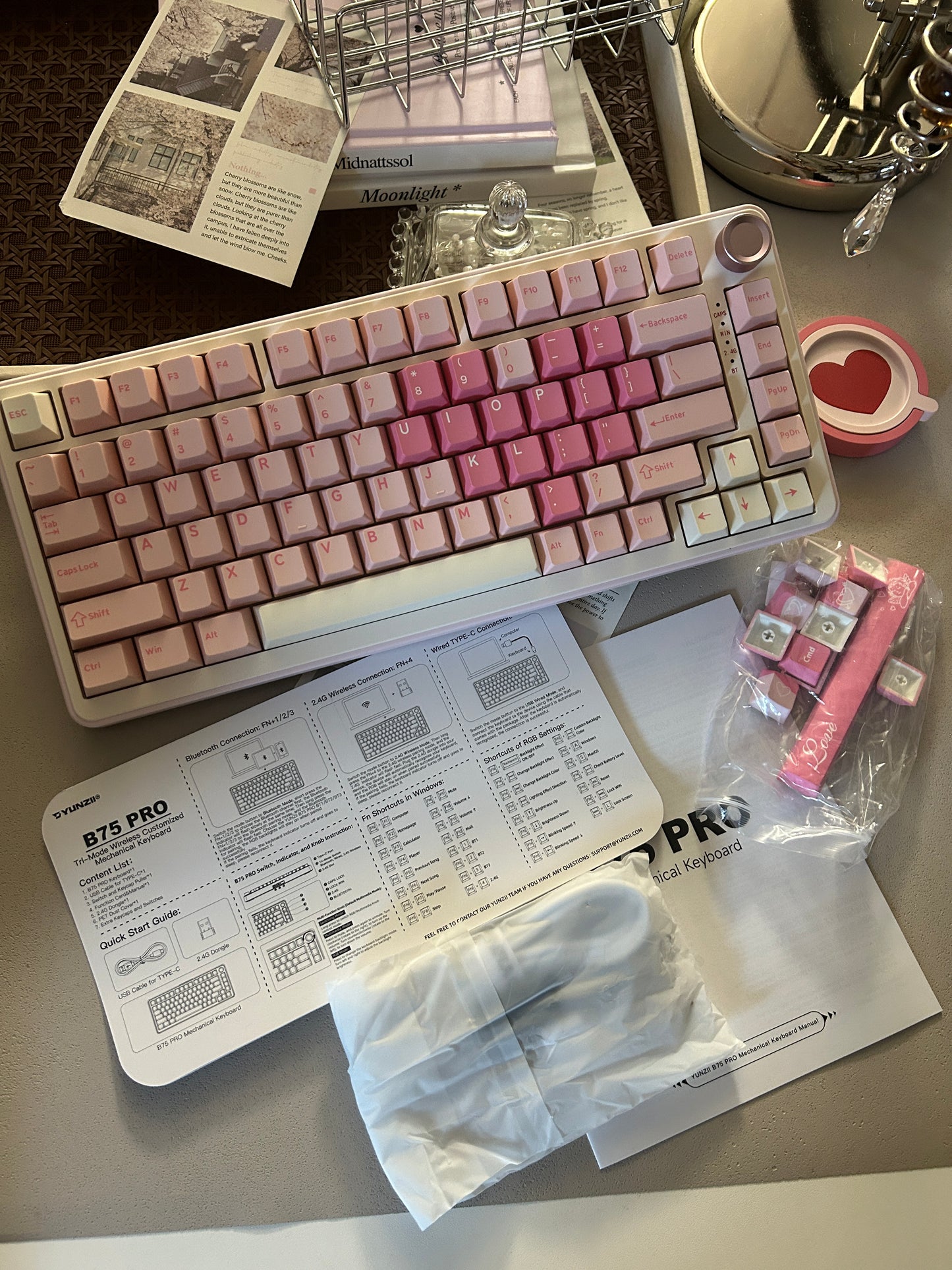 Unboxing Sample For Sales ONLY 1 Instock Pink Heart YUNZII B75 PRO Wireless Mechanical Keyboard,75% Layout with Knob,Hot Swap Gasket Custom Structure,Creamy Pre-lubed Switches,RGB Backlit,Bluetooth/Type-C/2.4G for Win/Mac(Milk Switch,Pink)
