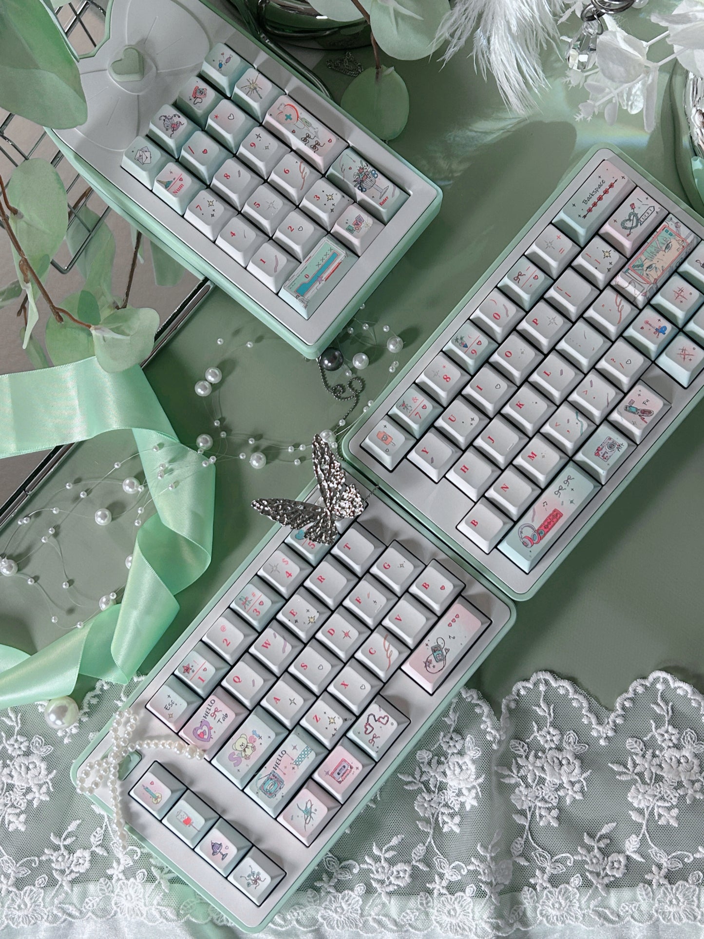 PREORDER Prebuilt Aluminum Customized Mechanical Keyboard Blockboy Split65 Mint Set With Bow Pad