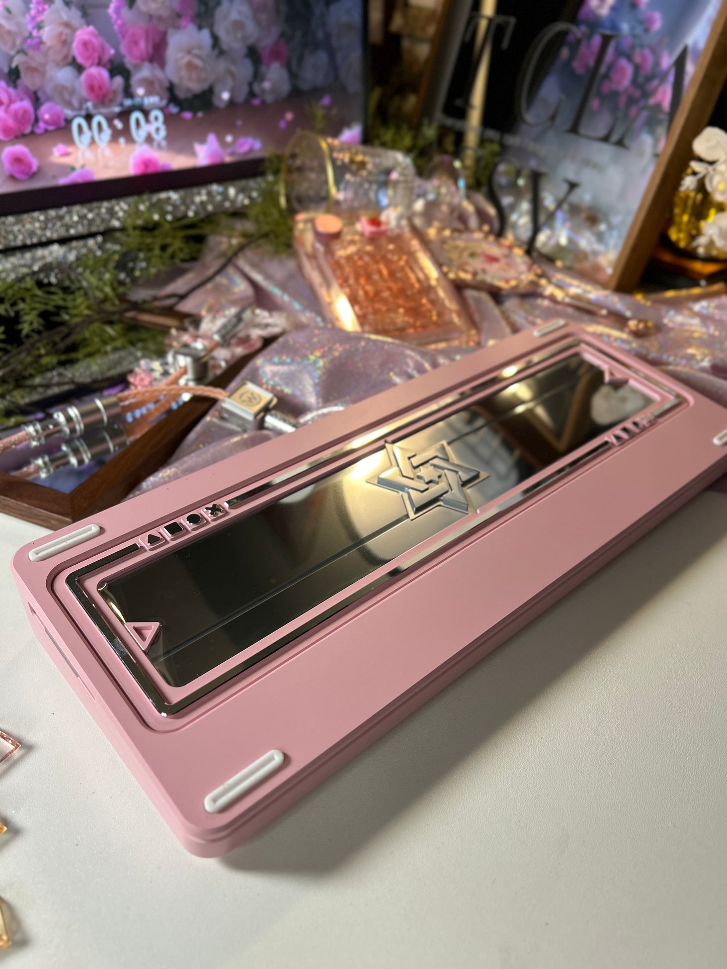 Prebuilt Aluminum Customized Mechanical Keyboard Polaris80 Pink Silver-Highlight With Orange Peach Transparent Keycap Set