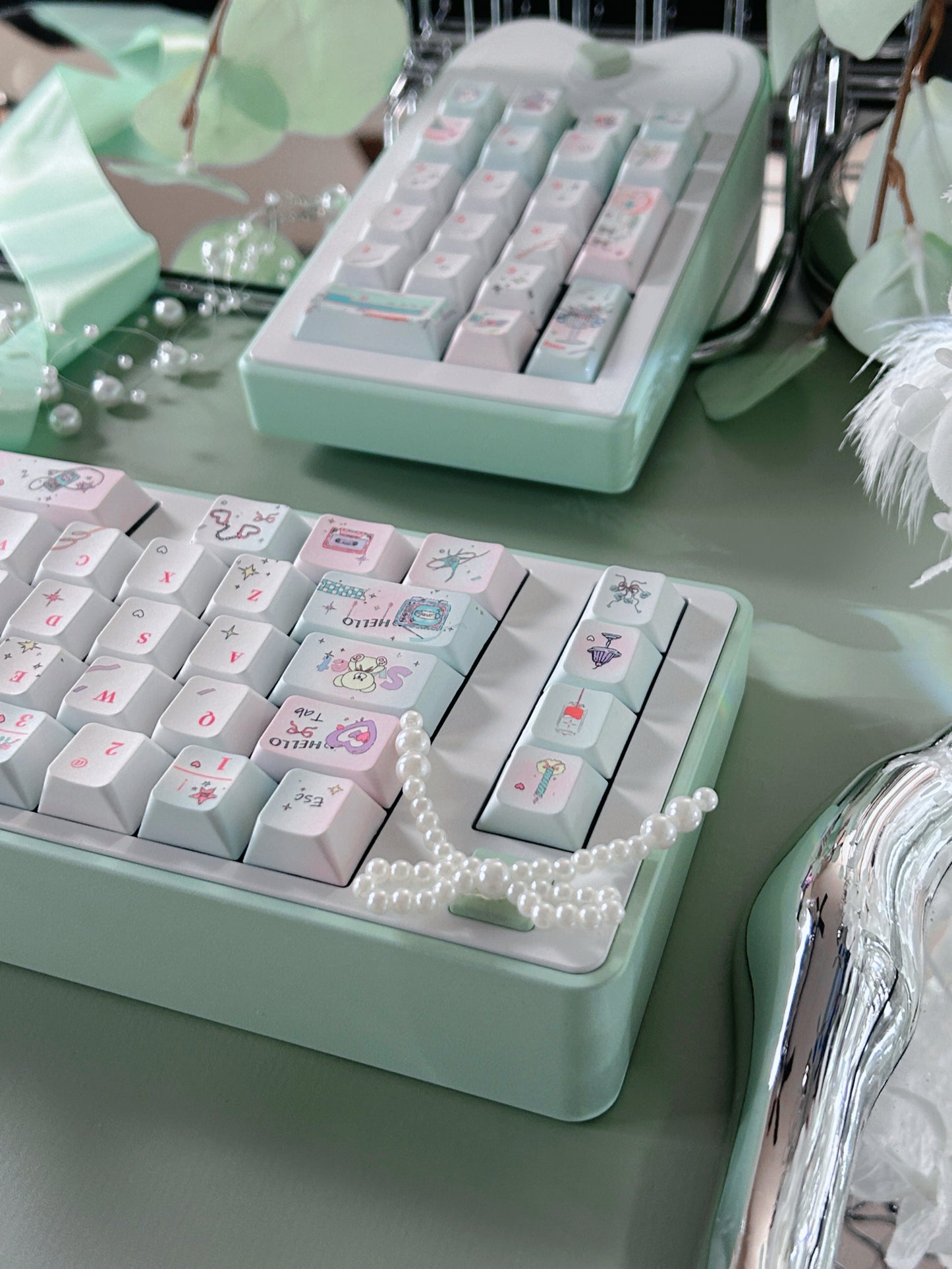 PREORDER Prebuilt Aluminum Customized Mechanical Keyboard Blockboy Split65 Mint Set With Bow Pad
