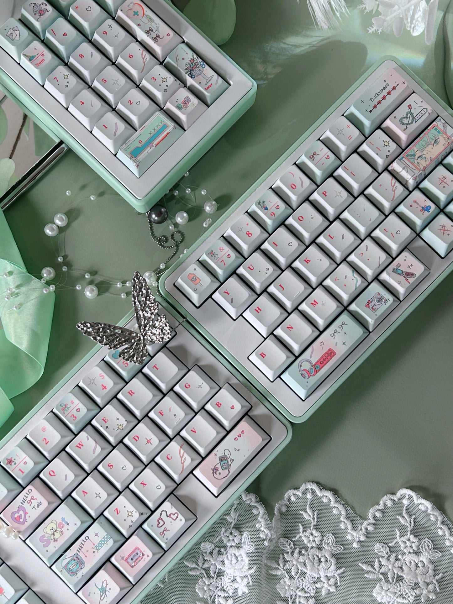 PREORDER Prebuilt Aluminum Customized Mechanical Keyboard Blockboy Split65 Mint Set With Bow Pad