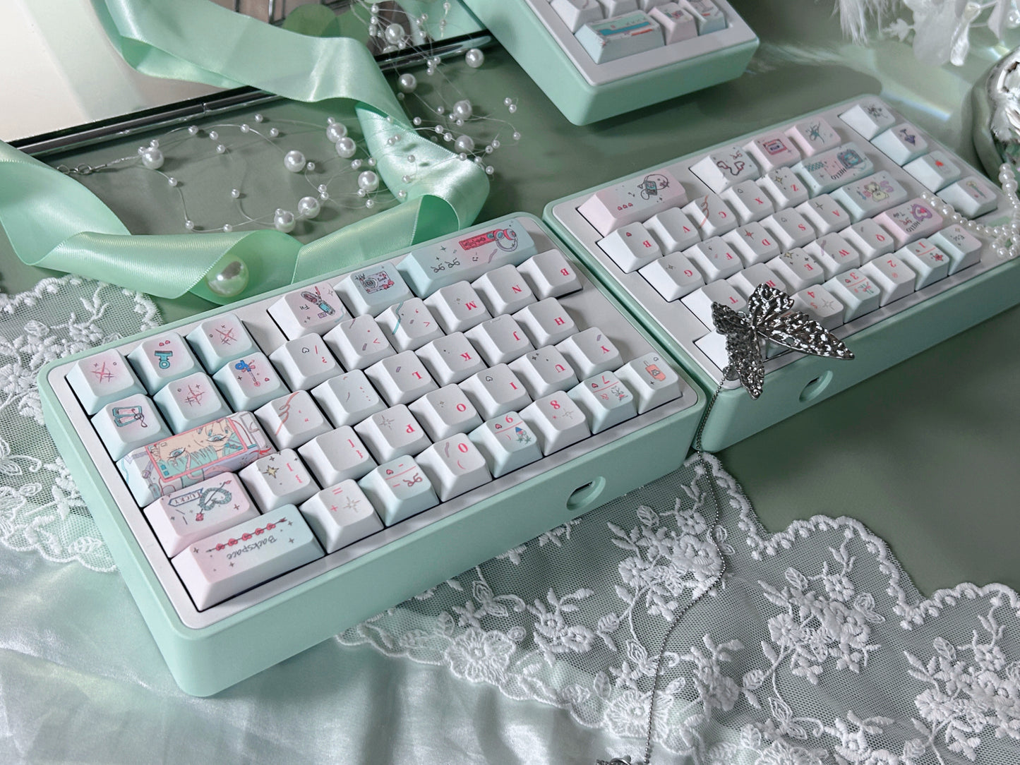 PREORDER Prebuilt Aluminum Customized Mechanical Keyboard Blockboy Split65 Mint Set With Bow Pad