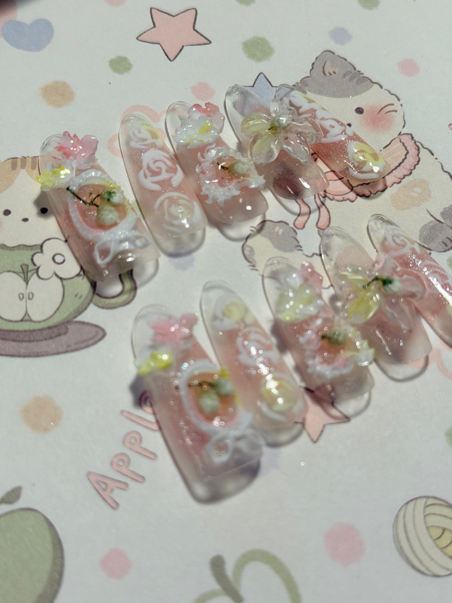 ONLY 1 Left Handmade False Nails Green Pink Oval Fairy Forest 3D Flower Rococo Style Press On Nails(#884)