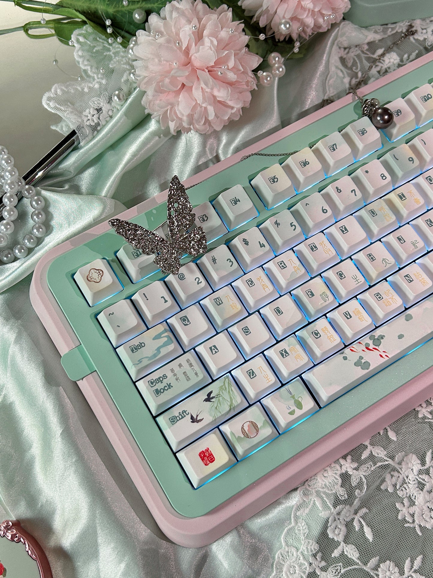 ONLY 1 Instock Prebuilt Aluminum Customized Mechanical Keyboard Pink Green Soap75 ➕ Pad