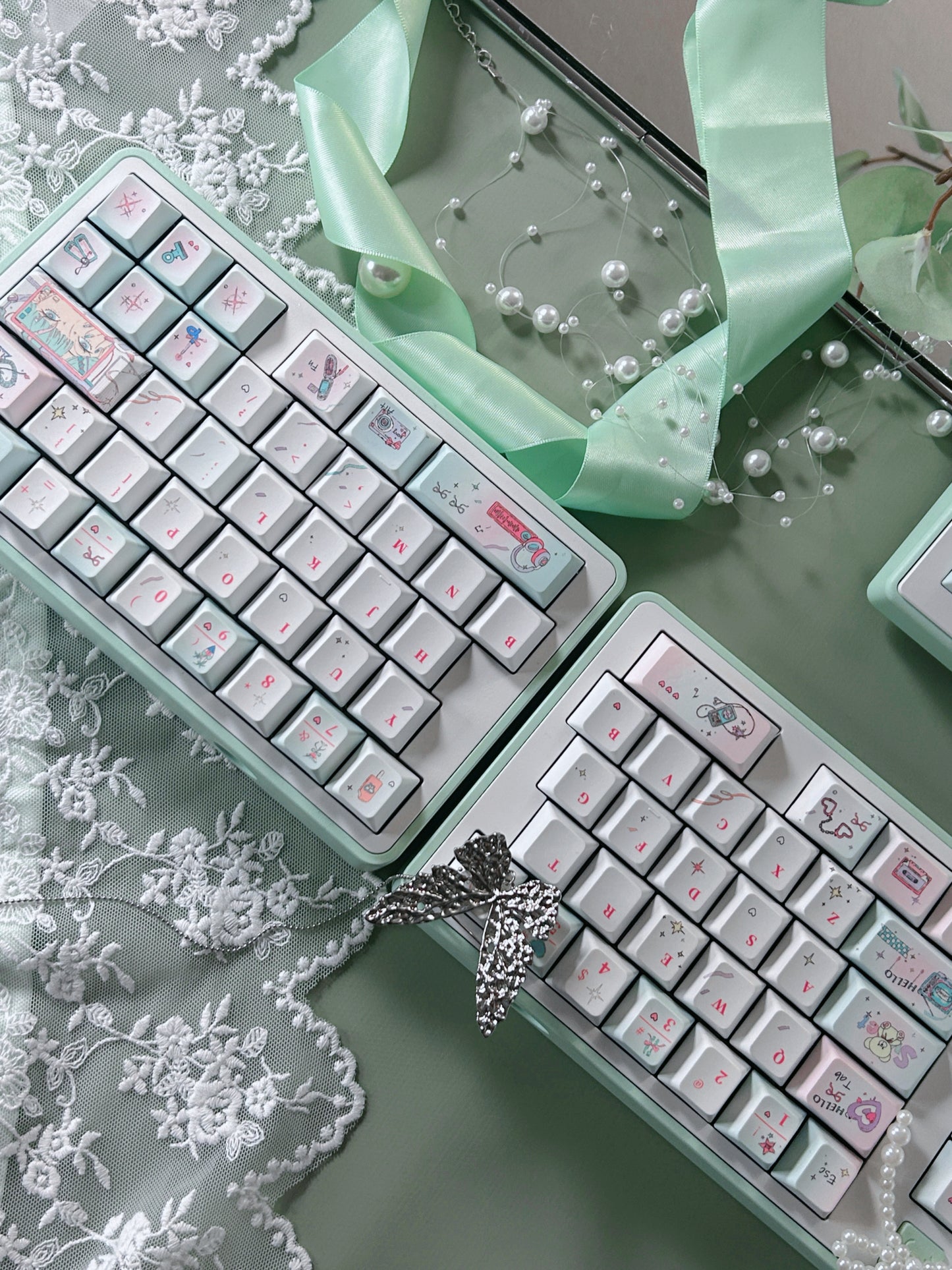 PREORDER Prebuilt Aluminum Customized Mechanical Keyboard Blockboy Split65 Mint Set With Bow Pad