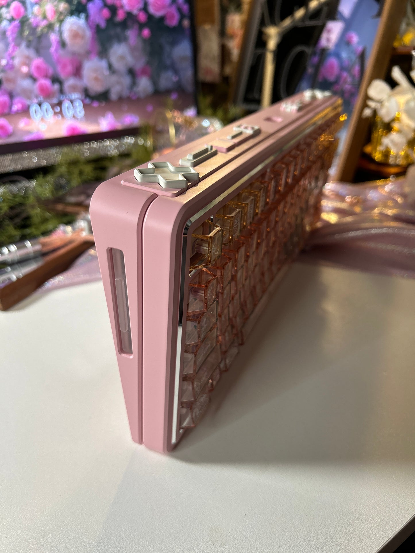 Prebuilt Aluminum Customized Mechanical Keyboard Polaris80 Pink Silver-Highlight With Orange Peach Transparent Keycap Set