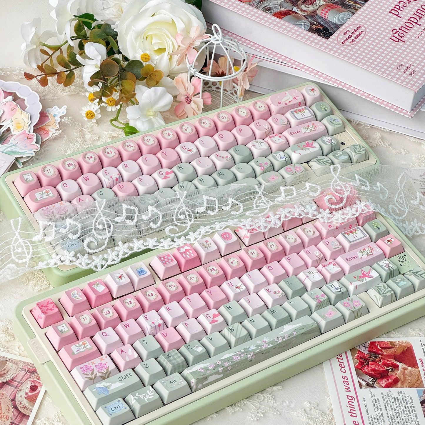 #0171 Spring Story Pink and Green Cute Keycap SOA Moa Cherry Profile Keycap Not Including Keyboard
