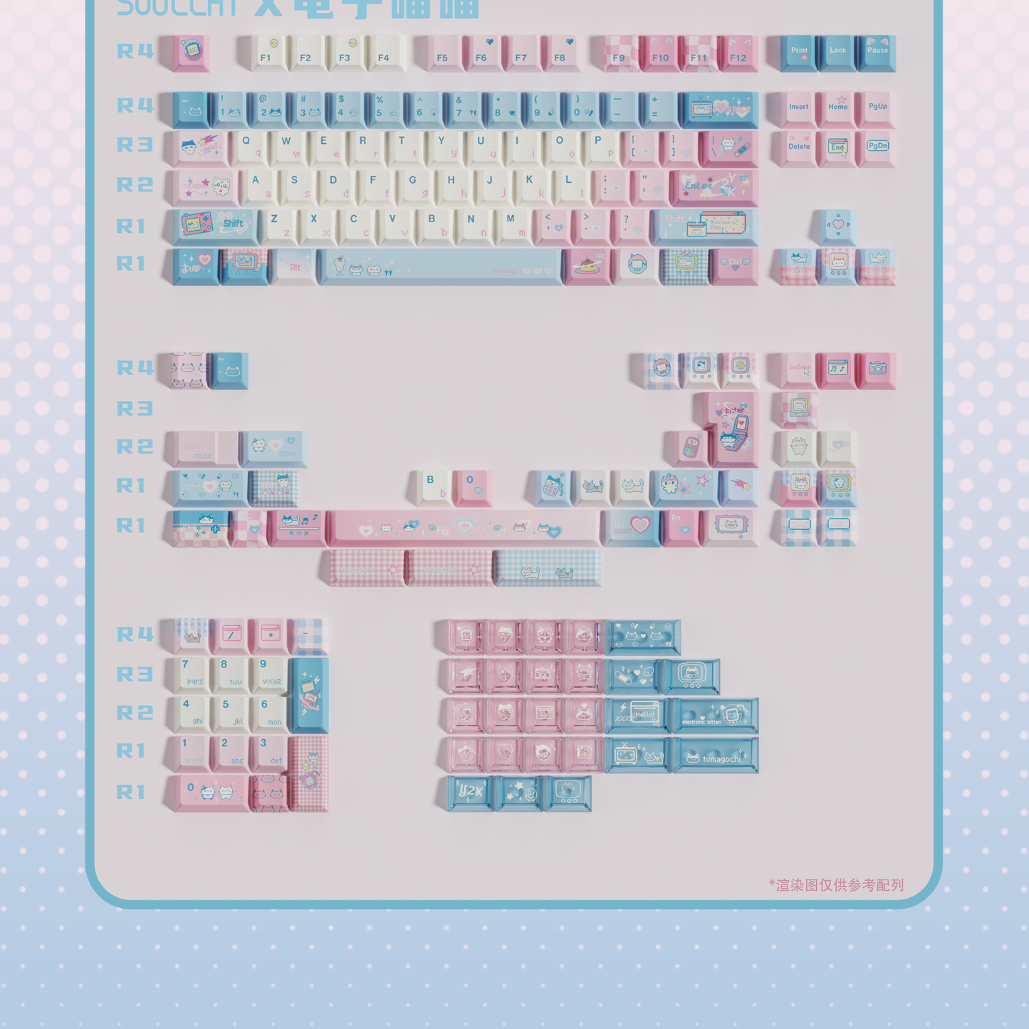 #0153 Electronic Pet Meow Cream Pale Pink Blue Cute Keycap Cherry Profile PBT + PC Transparent Light Transmission Designed By SOULCAT (ONLY KEYCAPS)