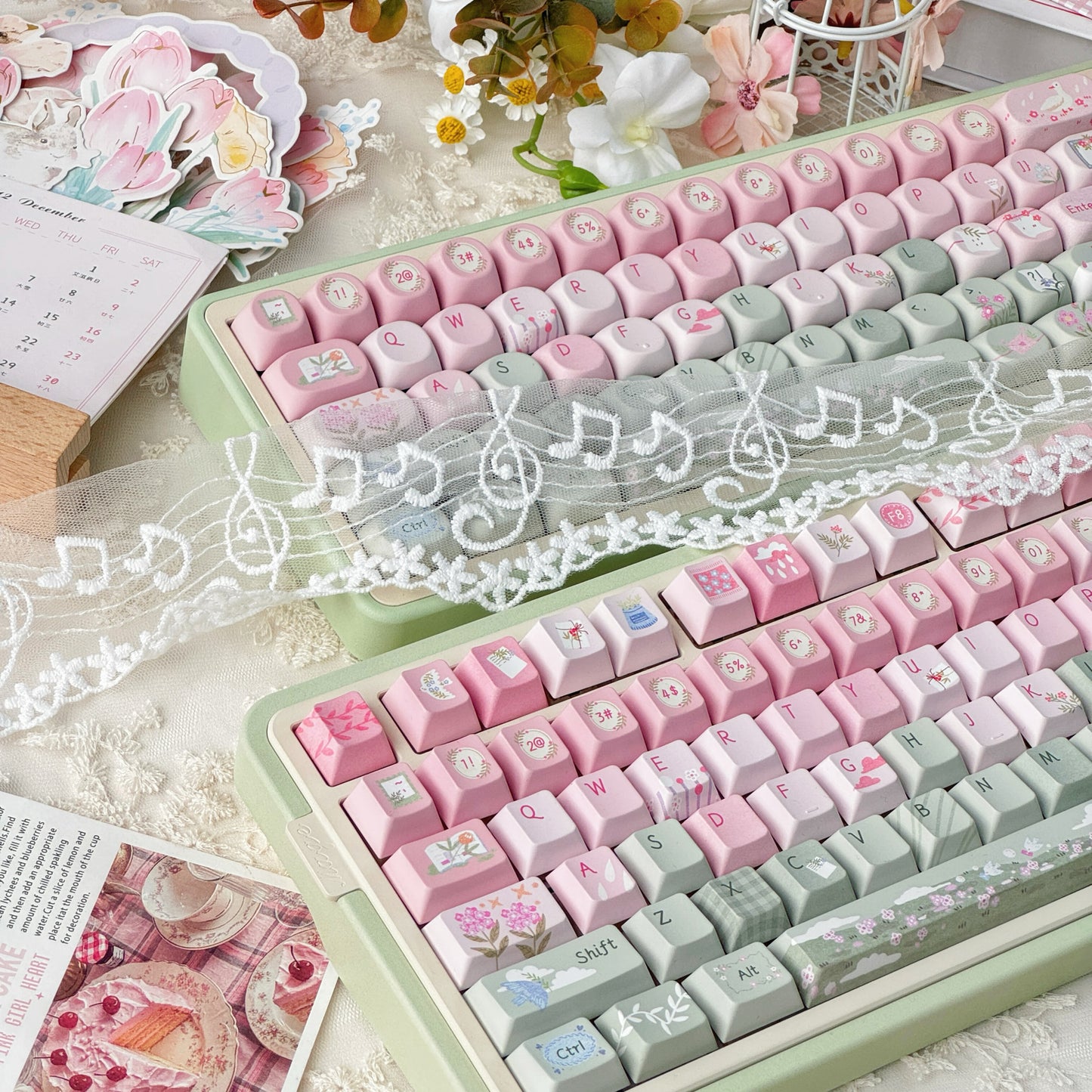 #0171 Spring Story Pink and Green Cute Keycap SOA Moa Cherry Profile Keycap Not Including Keyboard