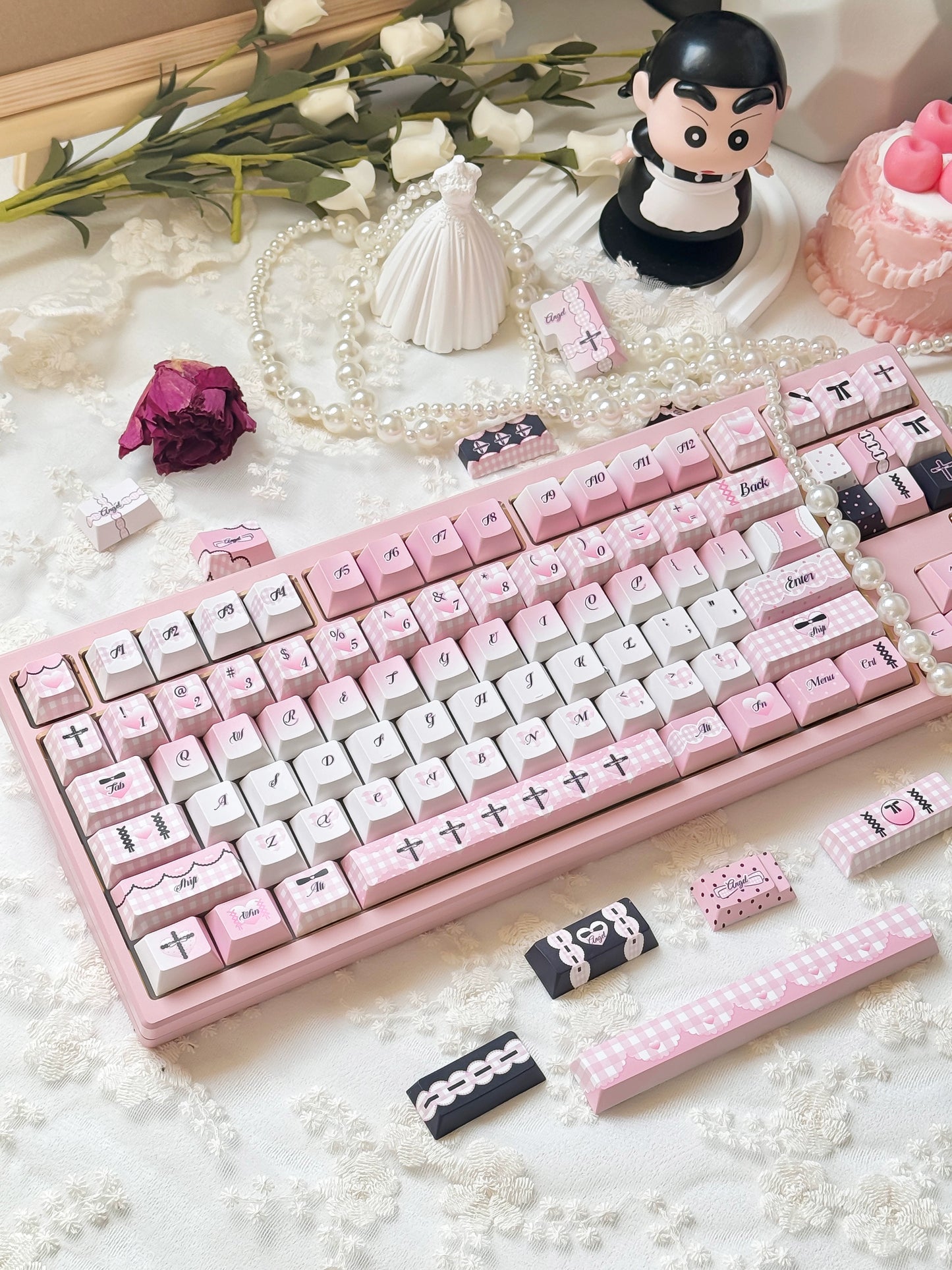 123 Black and Pink Lace Bow Polka Dots Sweetheart Prayer Keycaps 143-keys