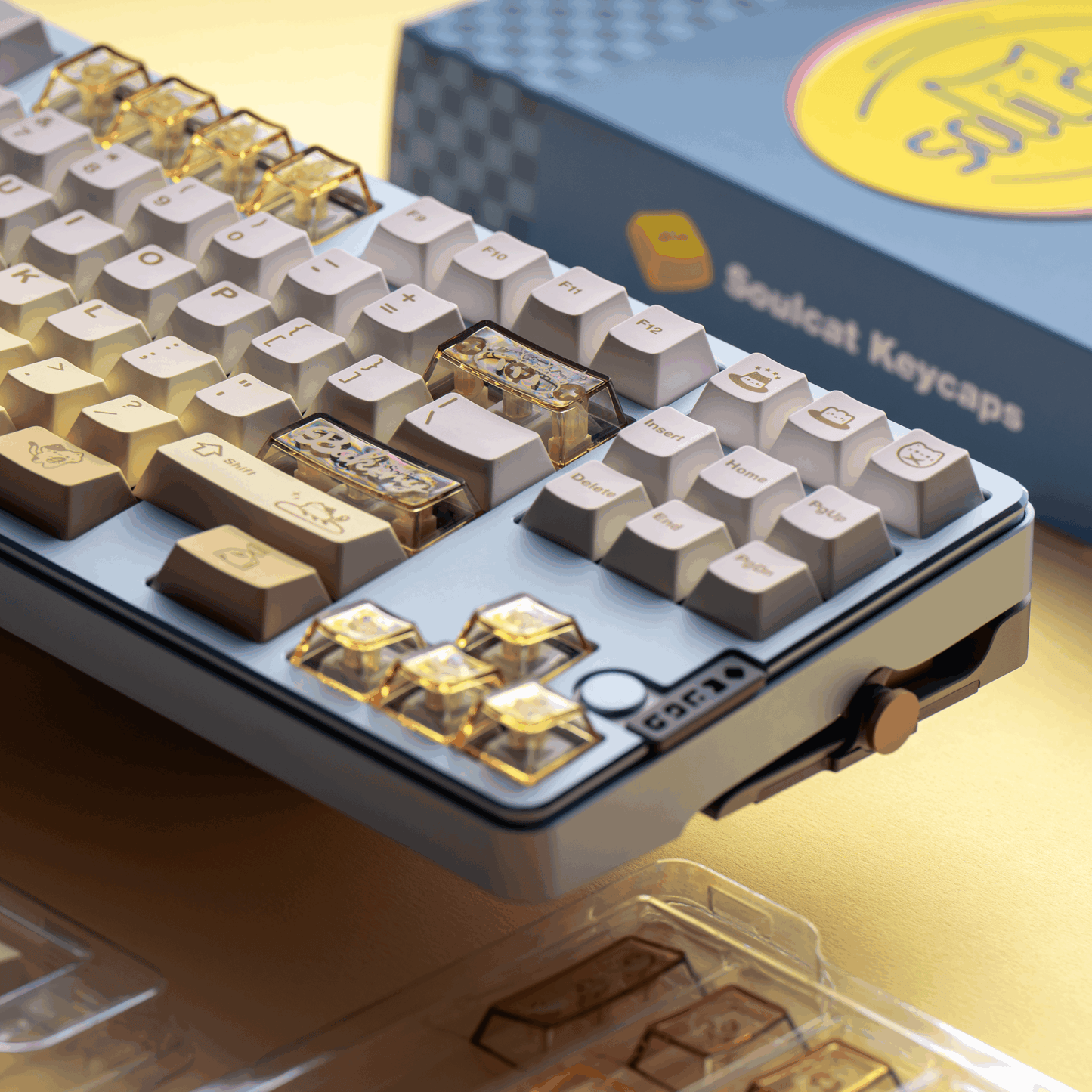 #0212 Light Yellow Pale Blue Baked Meow Cat Keycap Designed By SOULCAT (not including keyboard)