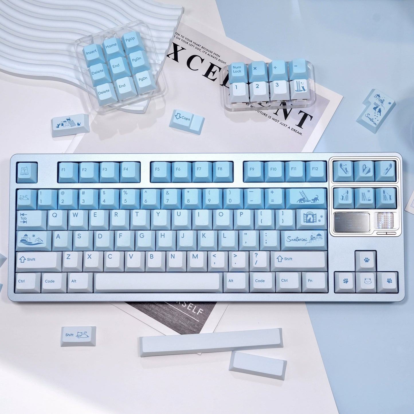 #0163 Water Blue Gradual Change Santorini Cat Keycap 145 + 26-keys Cherry Profile