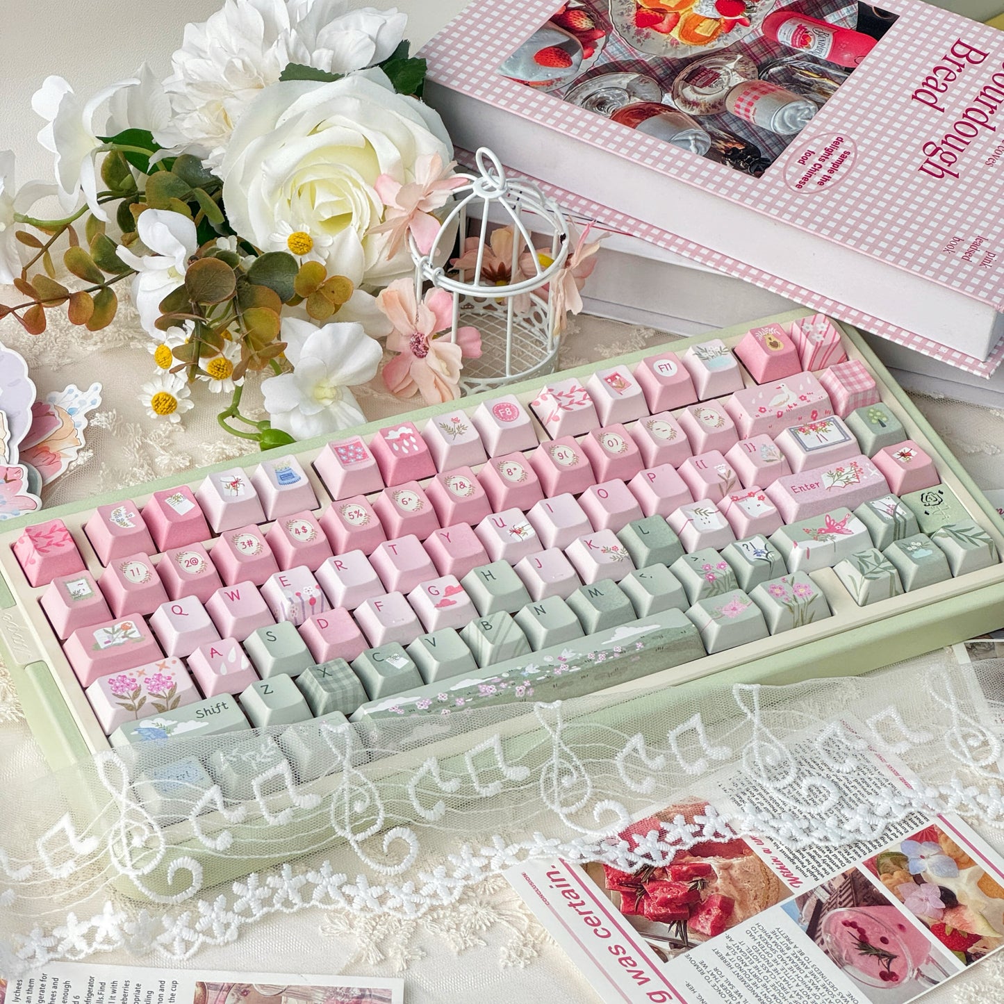 #0171 Spring Story Pink and Green Cute Keycap SOA Moa Cherry Profile Keycap Not Including Keyboard