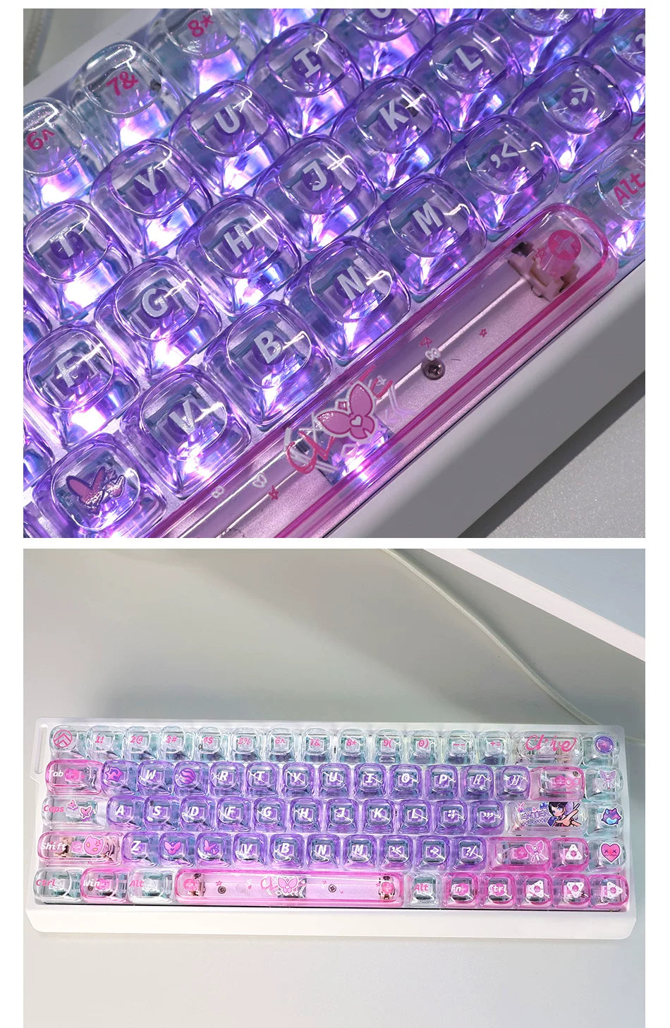 #0259 Twilight Purple Pink Glittering Butterfly 2.0MOA Profile PC Transparent 60/68/87 Keycap Set(not including keyborad)