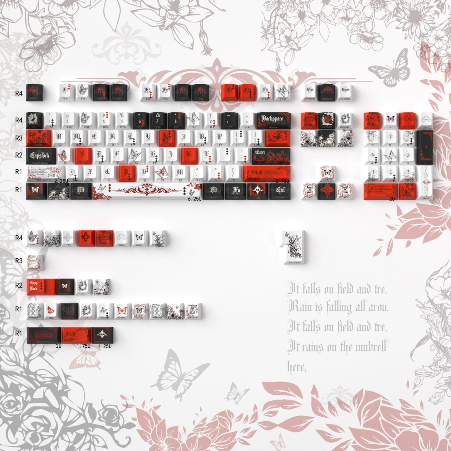 #0227 Ink Butterfly Black and Red Keycap Cherry Profile 131 Keys Side-printed Designed By URE(not including keyboard)