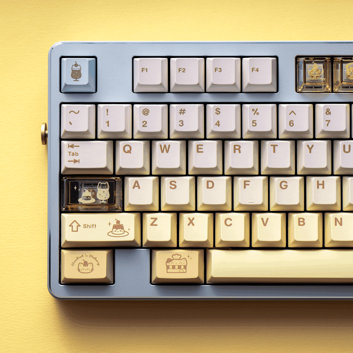 #0212 Light Yellow Pale Blue Baked Meow Cat Keycap Designed By SOULCAT (not including keyboard)