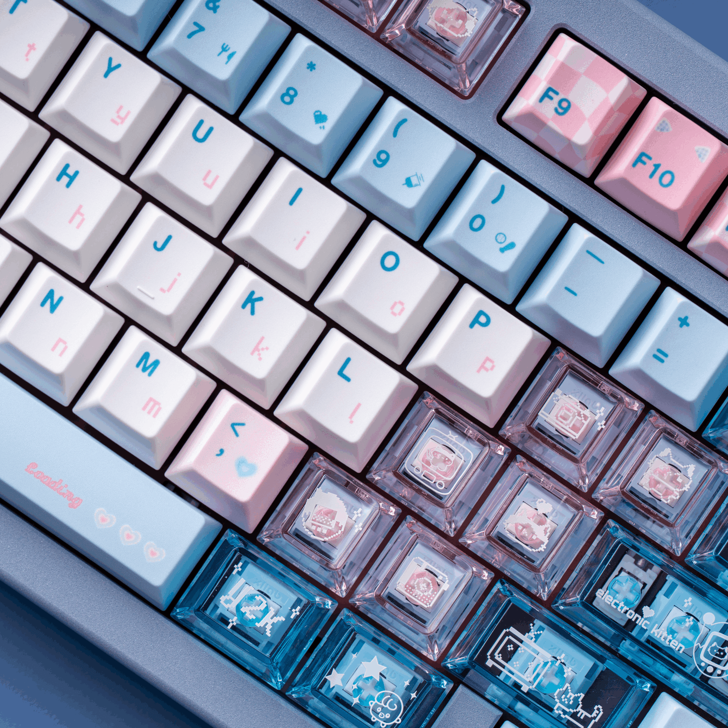 #0153 Electronic Pet Meow Cream Pale Pink Blue Cute Keycap Cherry Profile PBT + PC Transparent Light Transmission Designed By SOULCAT (ONLY KEYCAPS)