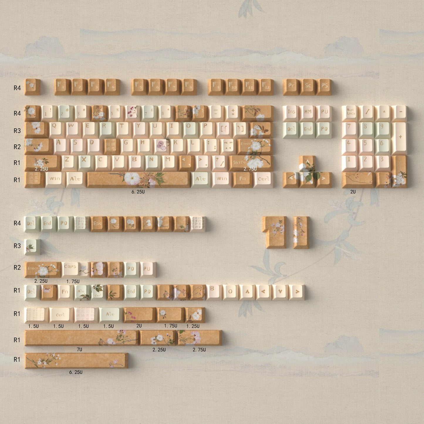 023 Blossom Peach Ginger Beige Vintage Style URE/cherry Profile 152/156 Keys Keycaps