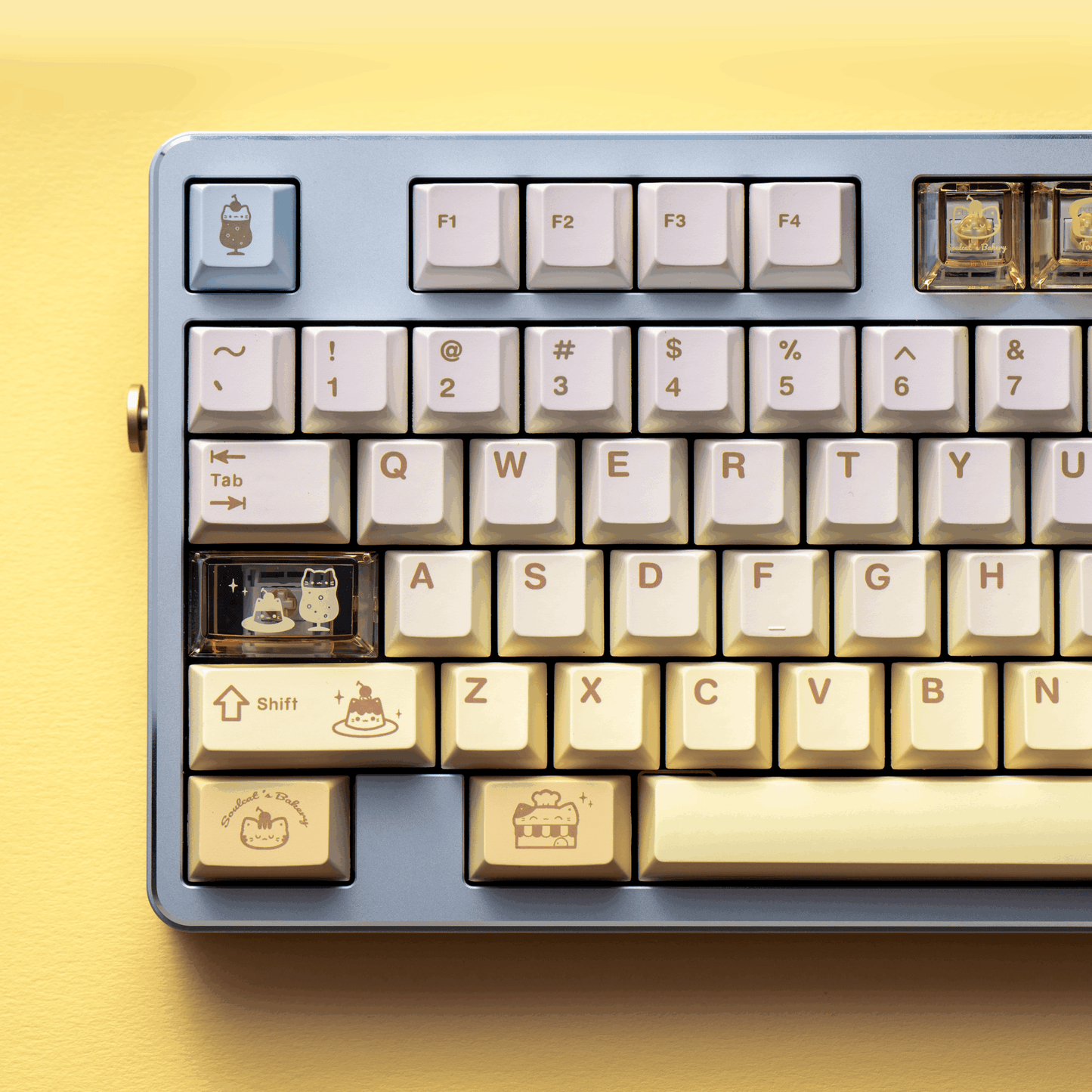 #0212 Light Yellow Pale Blue Baked Meow Cat Keycap Designed By SOULCAT (not including keyboard)