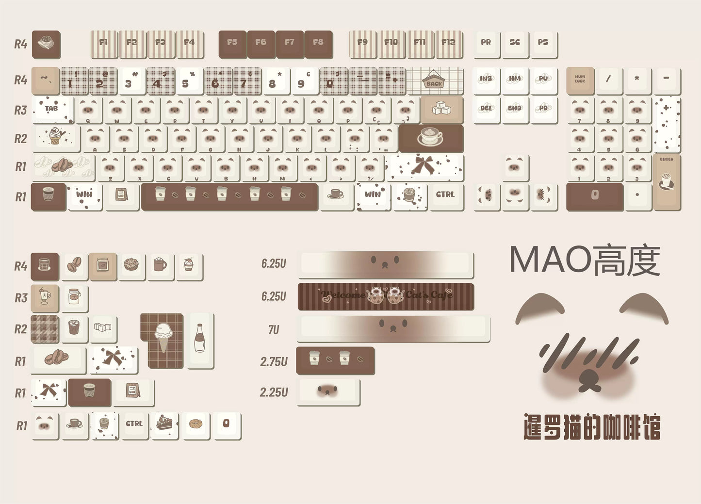 131 Siamese Cat Café Coffee Cat Keycap Cherry Profile 143-Keys / MAO 133-Keys
