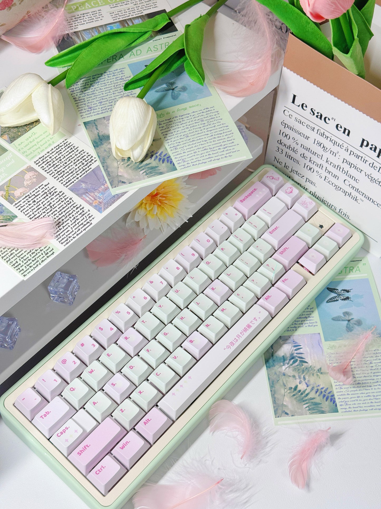 #0165 Spring Cherry Blossom Pastel Green Pink Keycap Cherry Profile Designed By Bluebird (Not Including Keyboard)