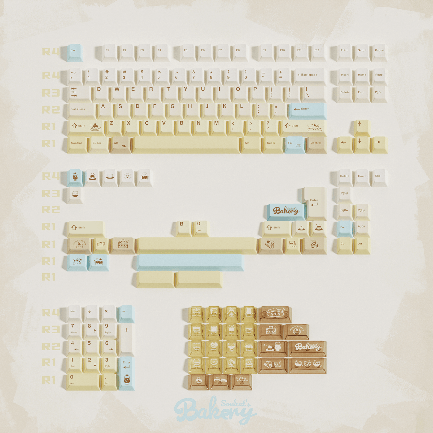 #0212 Light Yellow Pale Blue Baked Meow Cat Keycap Designed By SOULCAT (not including keyboard)